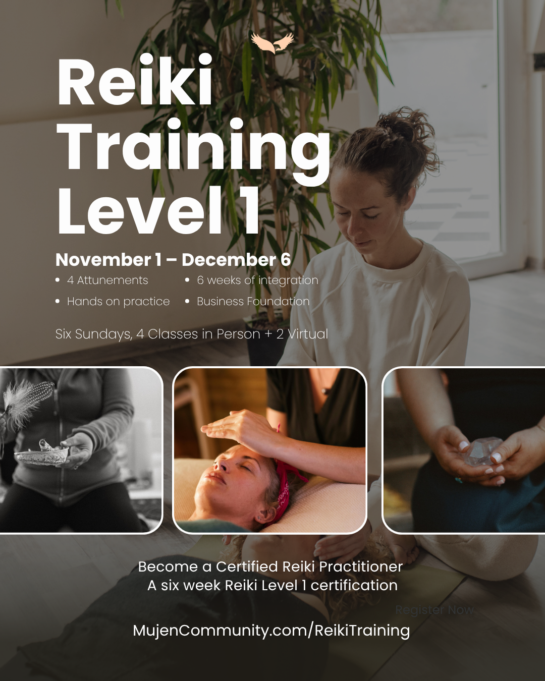 Poster of Reiki Level 1. Woman offering sage, reiki healing, holding a crystal.