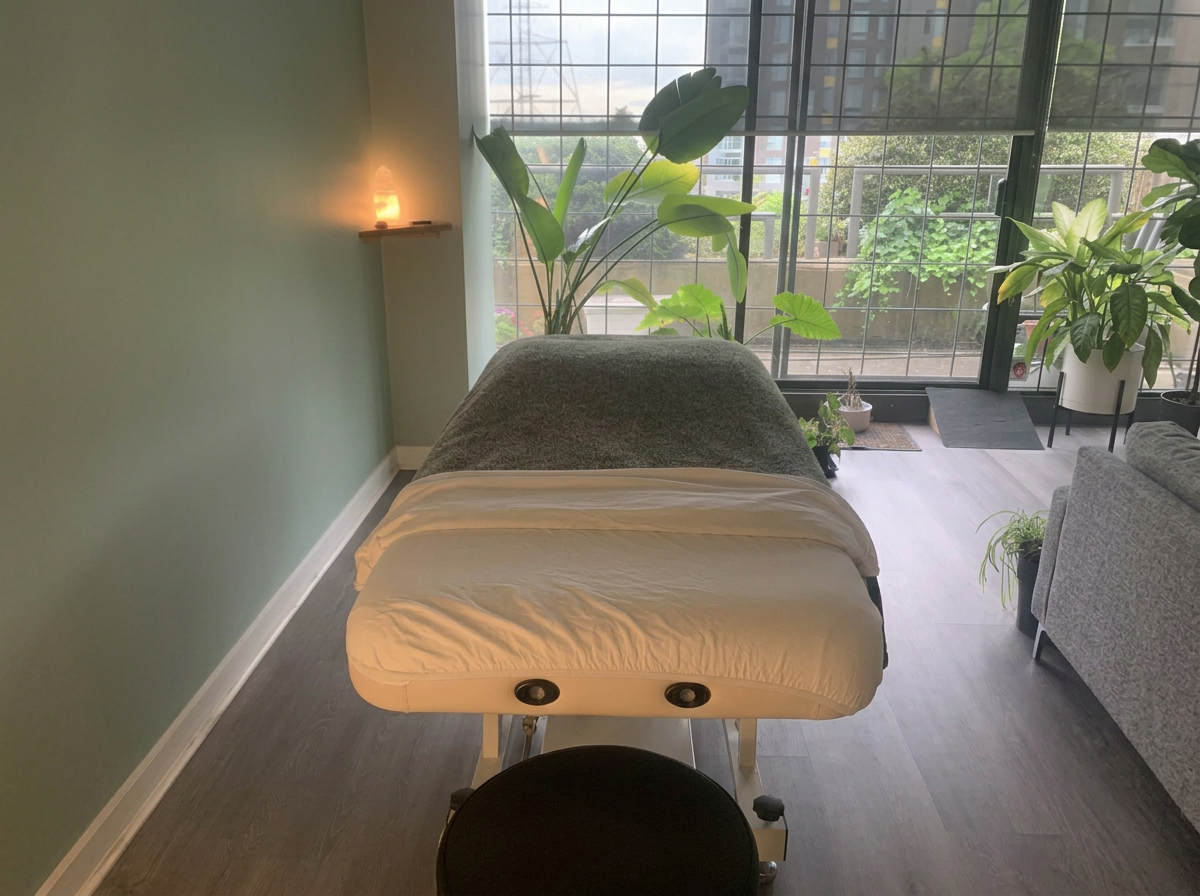 Massage table with a cream sheet, in a room with a green wall, large window, and numerous potted plants.