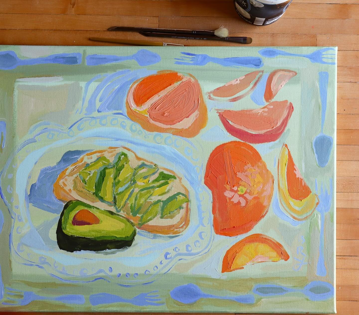 I started painting breakfasts a couple months back and I can&rsquo;t stop. 🥑 They are the indoor companion to my Good Morning Collection of landscape paintings. Maybe this is what the rock collector&rsquo;s ate before they headed out for a Saturday 