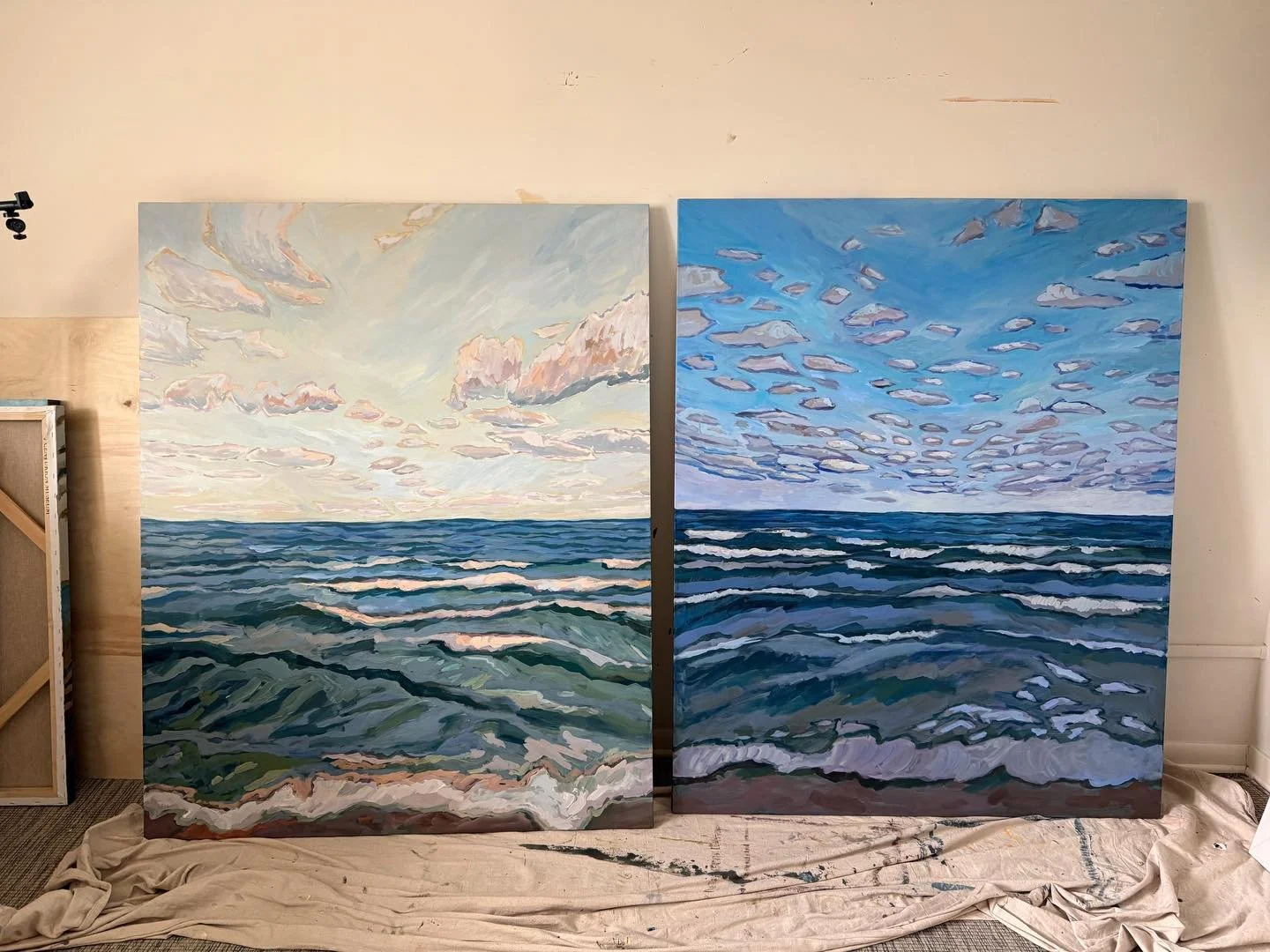 works in progress.

this week we&rsquo;ve been swimming, skimming, running with and body surfing these waves on sb &lsquo;26. so many good memories! inspired by the real thing, and ready to finish these paintings when I return.

#michiganartist #grea