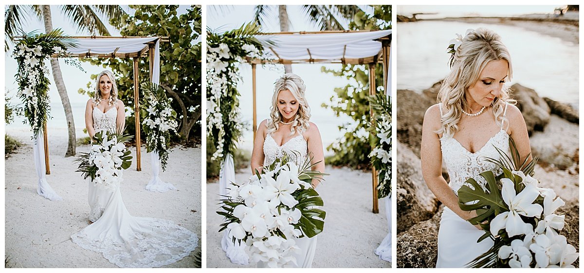 Bride with white and green tropical bridal bouquet