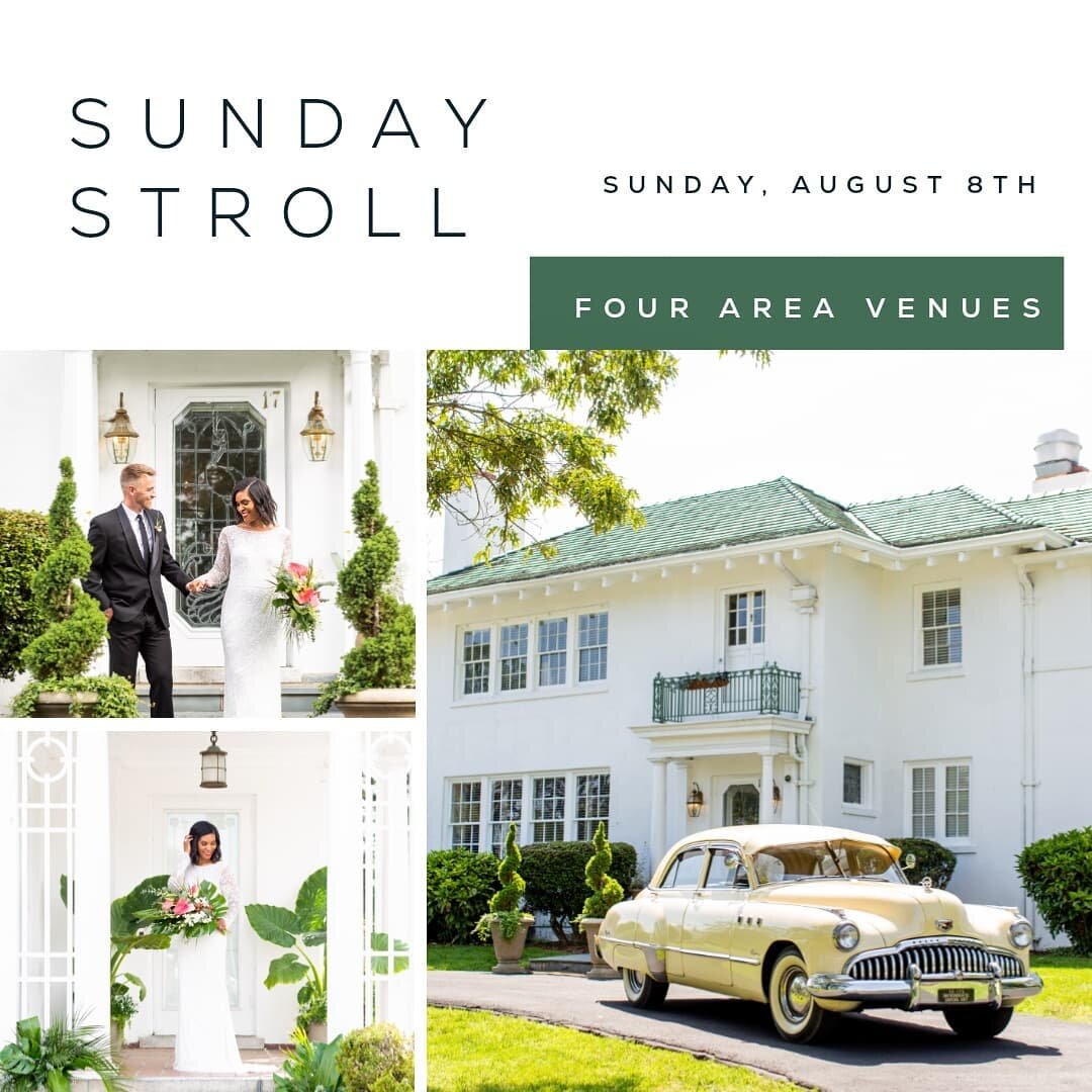 We are so excited for our next wedding show.  This is going to be such a great experience for engaged couples.  Come see four area venues in their wedding finery.  The Sunday Stroll is a great way to see what a wedding looks like here at the Finch Ho