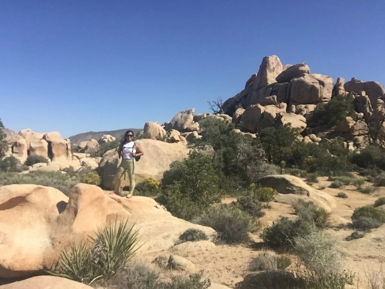 A woman standing on a large rock in a desert landscape with lots of boulders, sparse desert vegetation, and a bright blue sky.