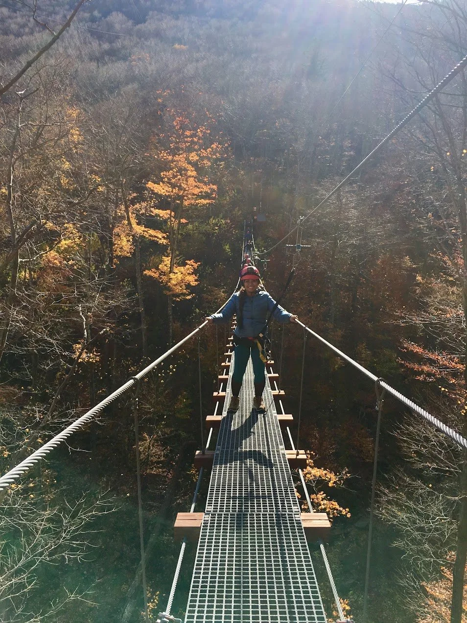 Person wearing a helmet and jacket crossing a suspension bridge high above a forested area with fall-colored trees.