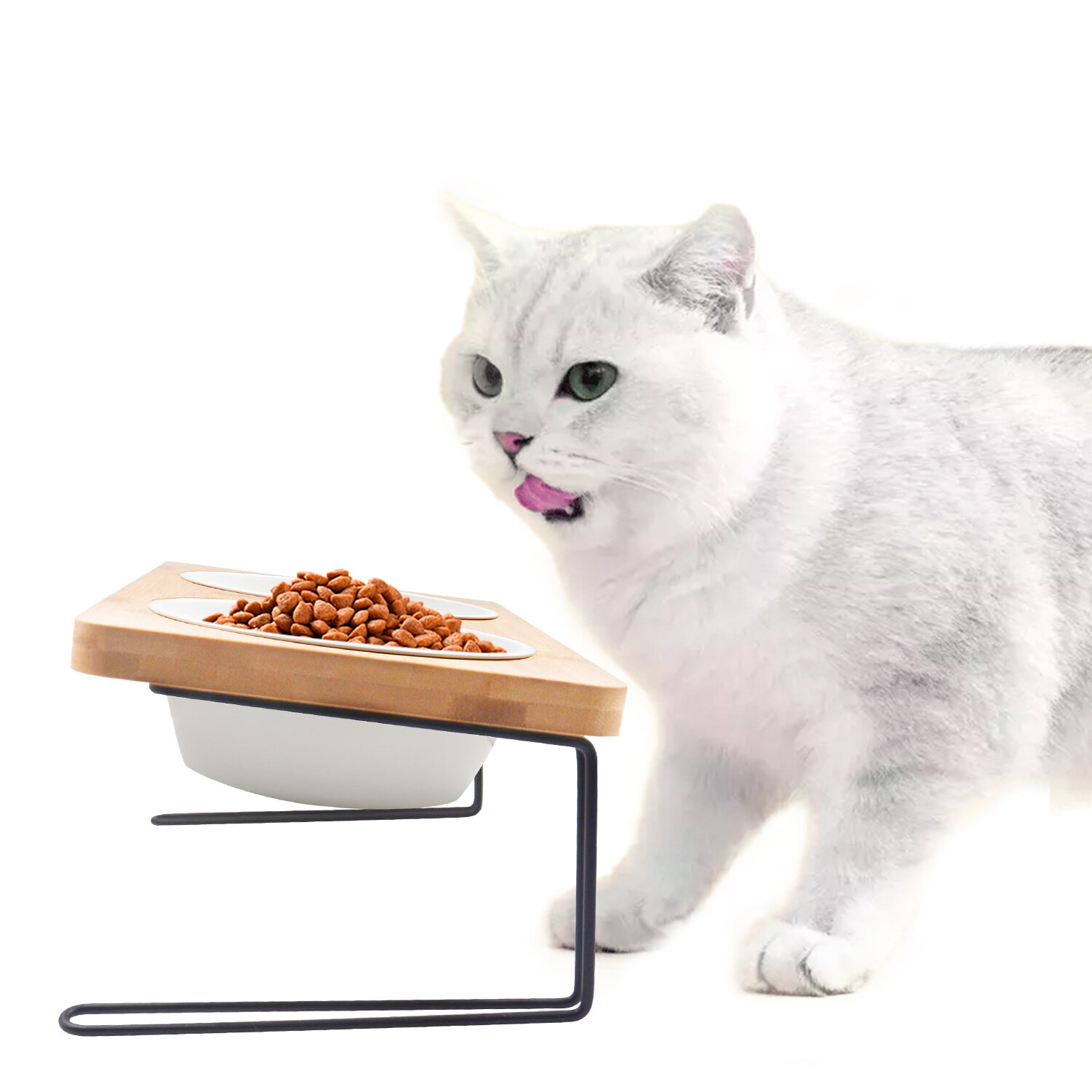 PETOMG Cat Bowls, Elevated Cat Bowl, Ceramic Cat Bowls, Raised Cat Food Bowls| Rubberwood