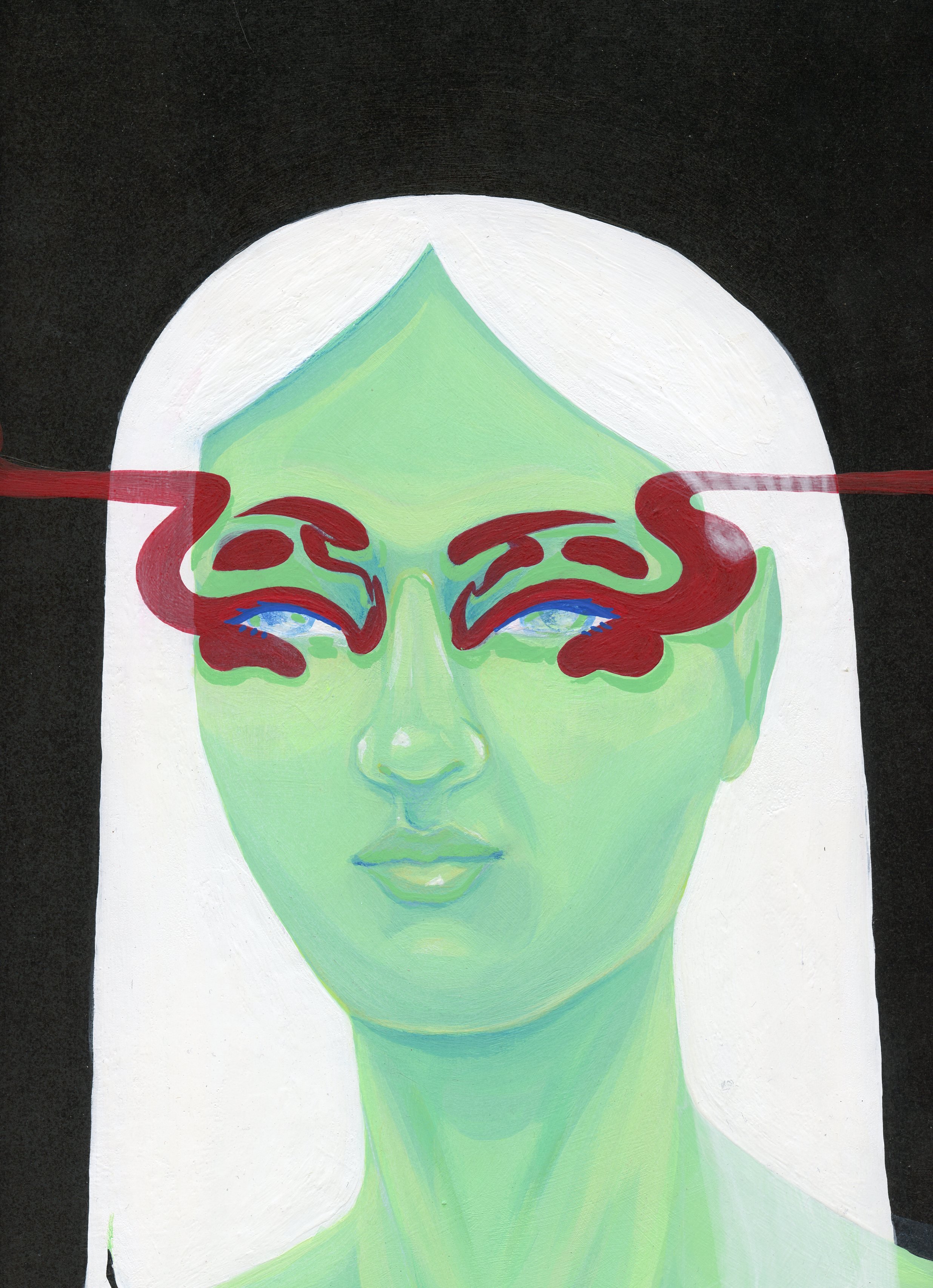 A painting of a woman with green skin and white hair, with red and black abstract shapes over her eyes, and blue eyes beneath.