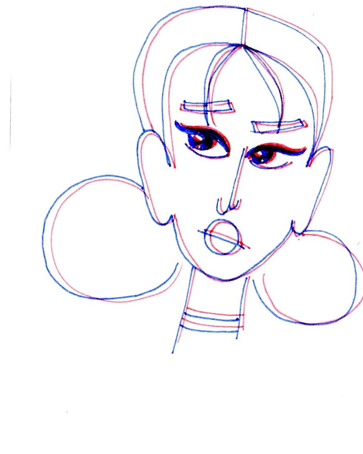 A colorful line drawing of a woman's face with large eyes, a small nose, and parted lips. The illustration features outline sketches with blue and red lines, including stylized hair, large earrings, and a patterned garment around the neck.