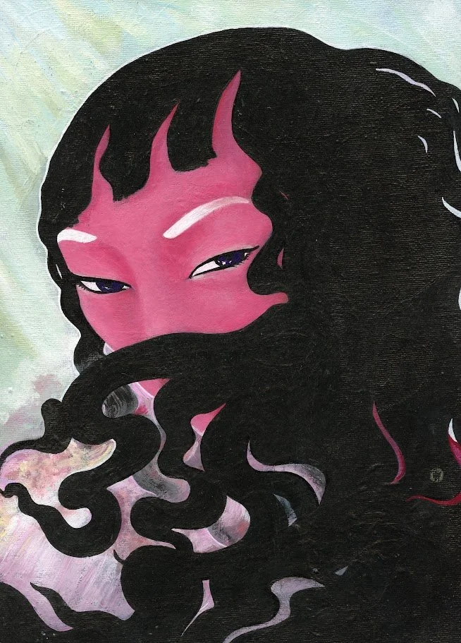 Close-up painting of a woman with pink skin, dark eyes, and long black curly hair partially covering her face.
