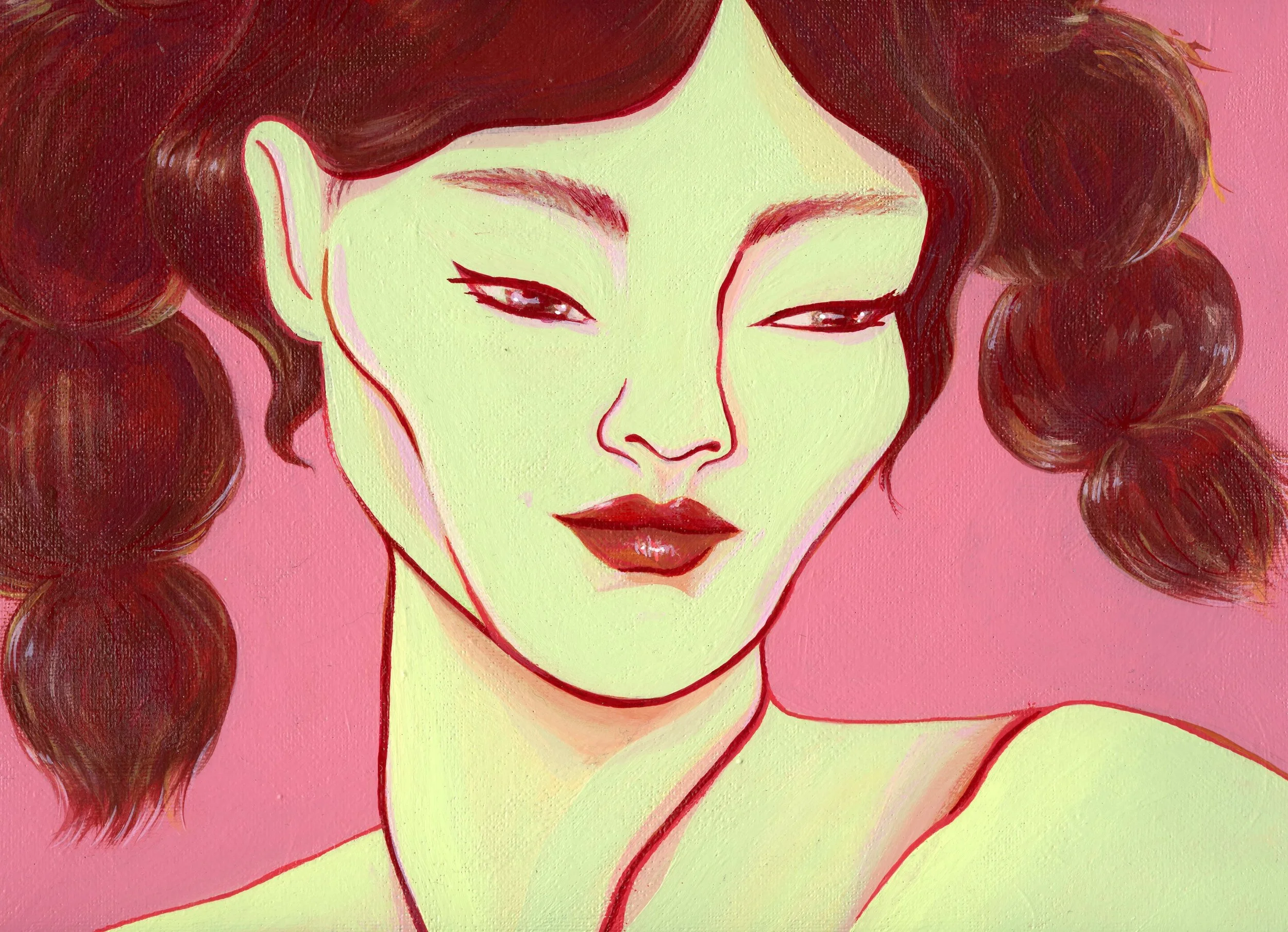 A digital painting of a woman with green skin, dark red hair styled in puffy pigtails, and pink background. She has red lipstick, narrow eyes with winged eyeliner, and a contemplative expression.