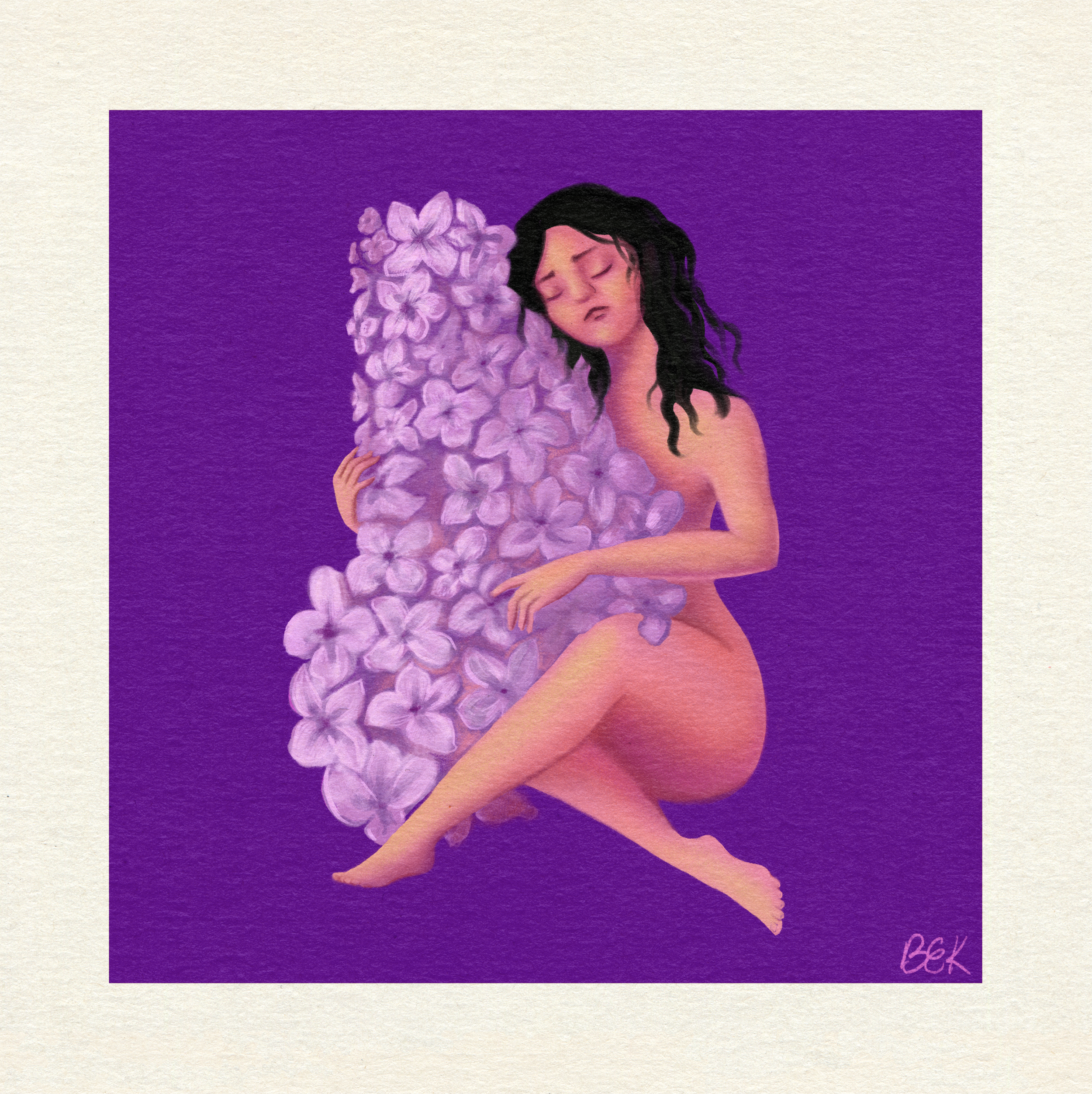 A digital painting of a woman with long black hair, hugging a large cluster of purple flowers against a purple background, with her eyes closed and a peaceful expression.