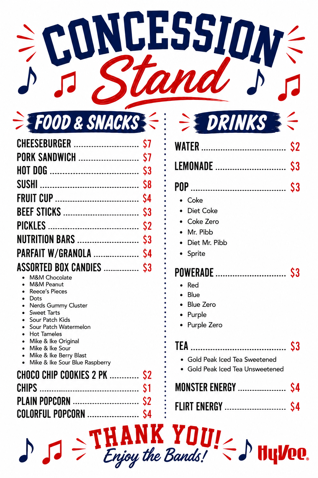 2026 Concession Stand Menu