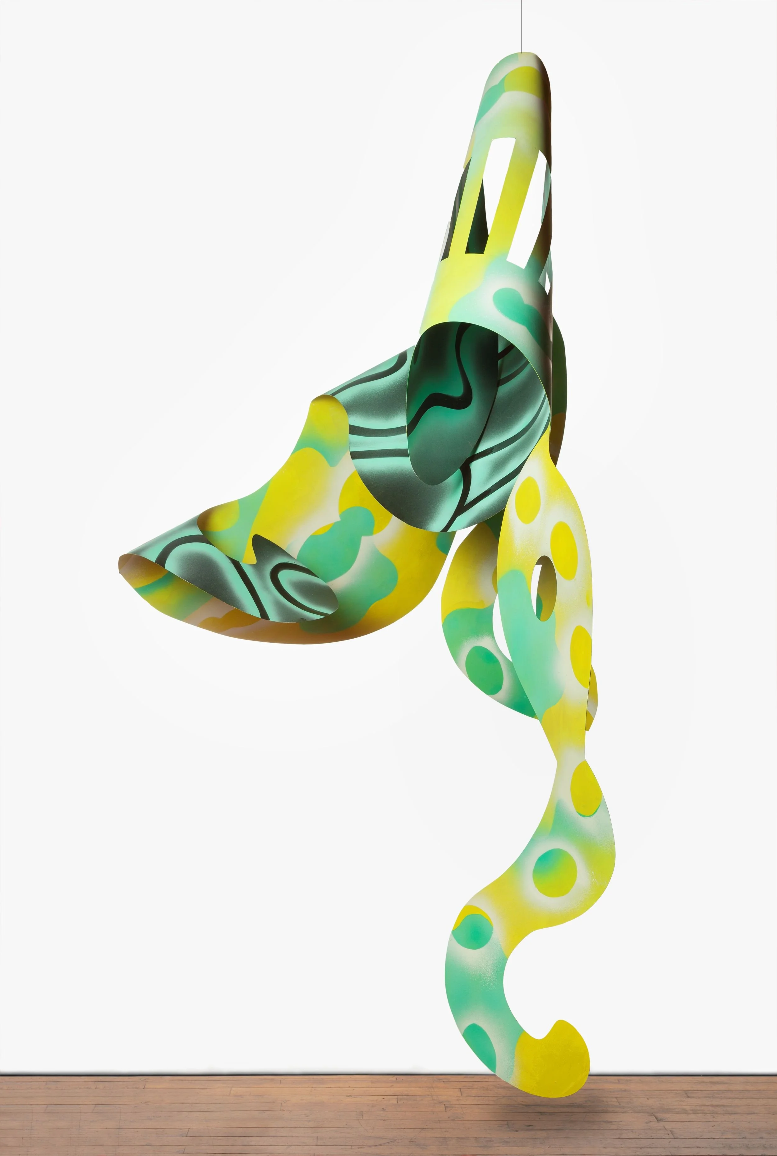 Yellow and Green, acrylic on polystyrene, suspended from ceiling, 9' x 5' x 4', 2025