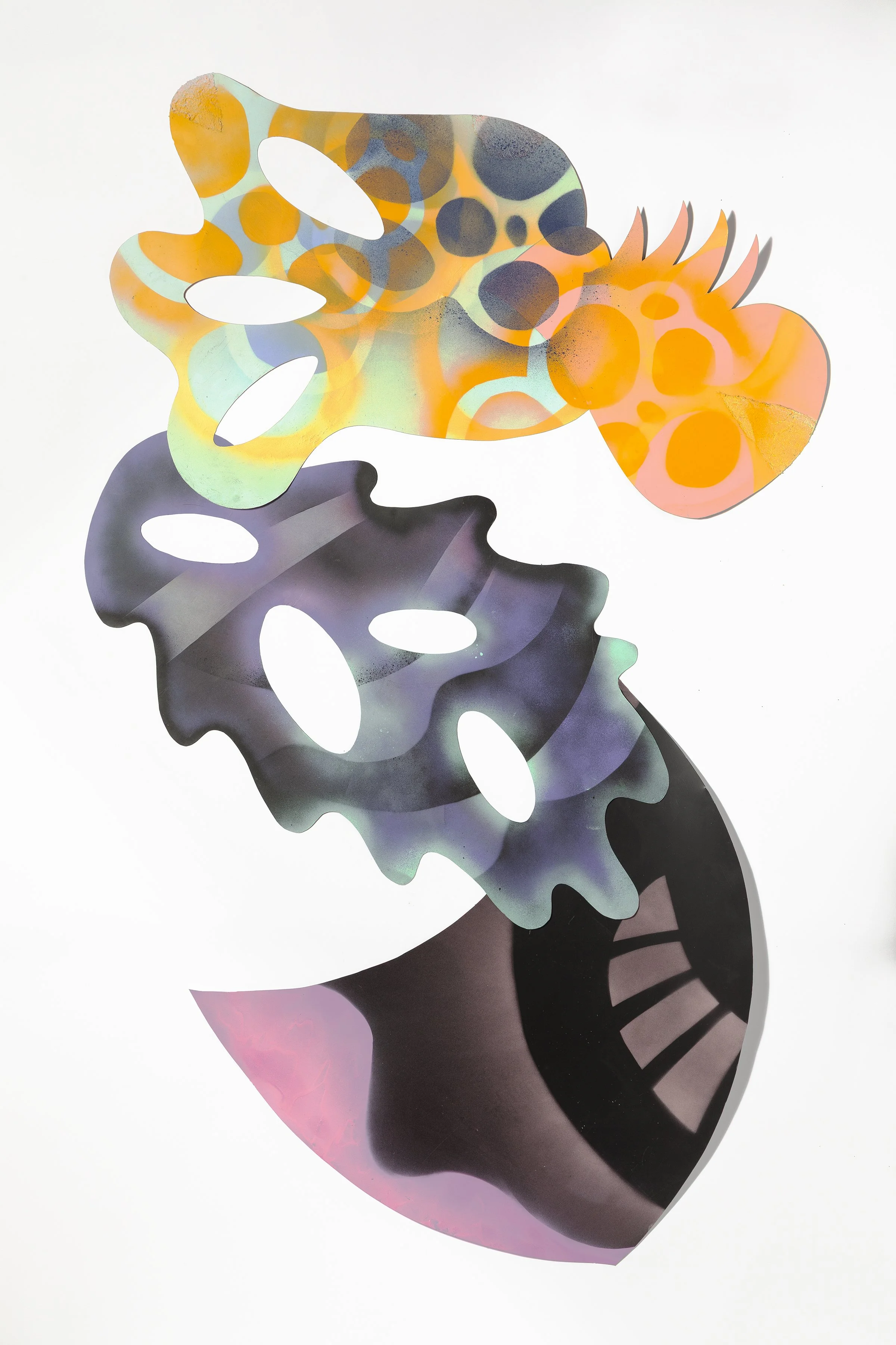 Caddis, acrylic on cut out polystyrene, mounted on wall, 9'x 5', 2025