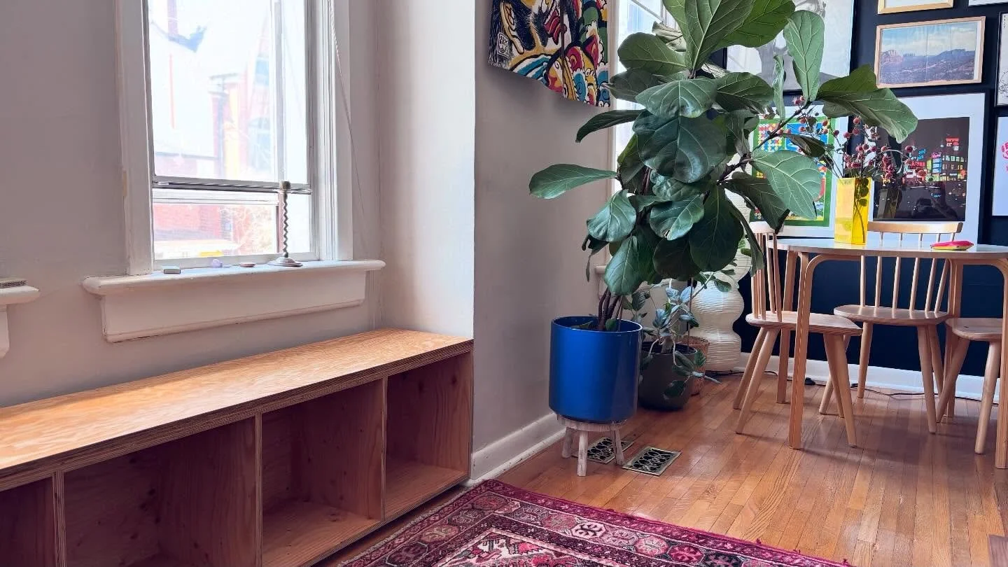 A simple Douglas Fir ply storage bench in this beautiful apartment near Trinity Bellwoods in Toronto.