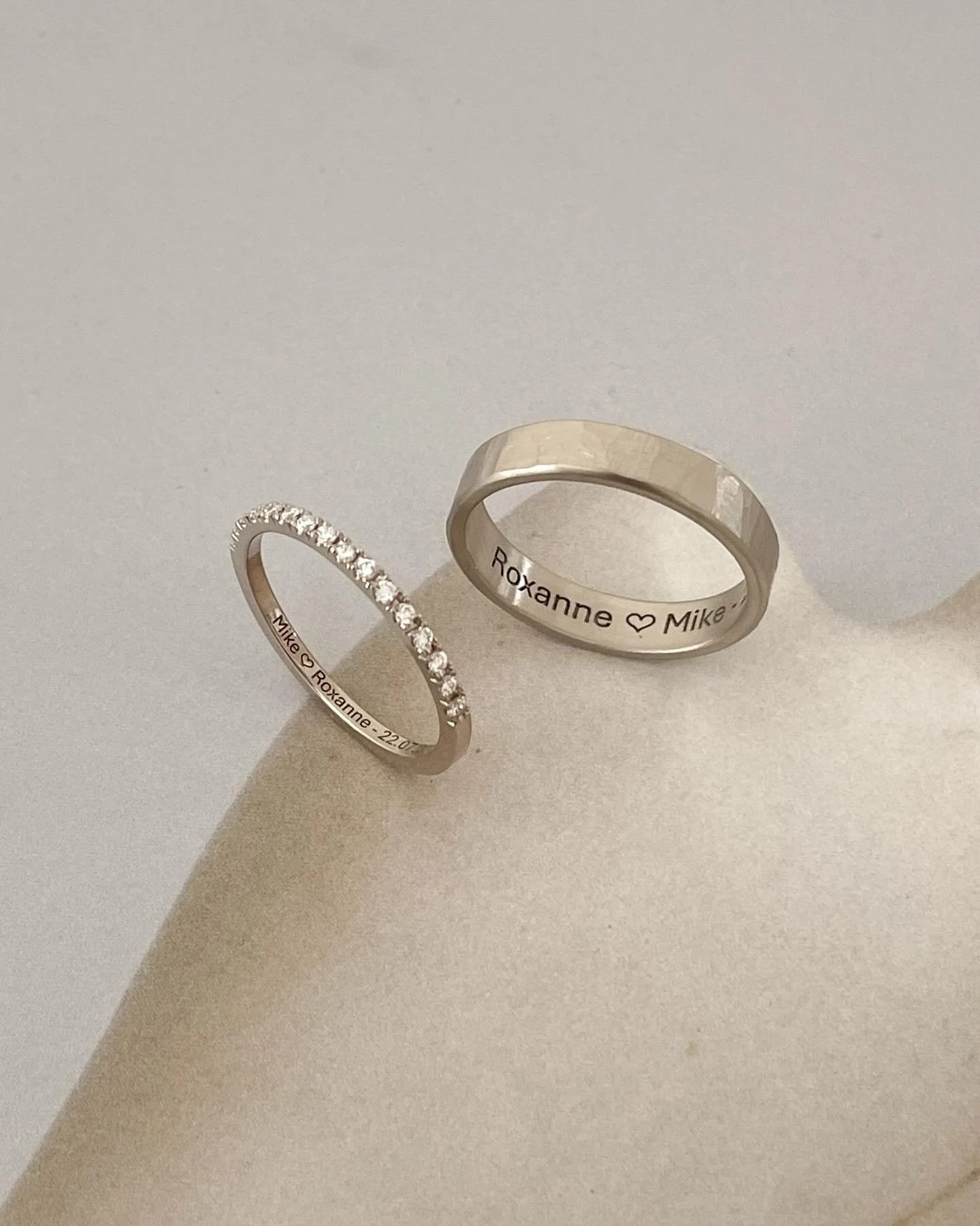 R &amp; M 💍

⚒️ A modern eternity ring for her, a bold structure for him. Handcrafted in recycled white gold for both.

Congrats to the newly weds!