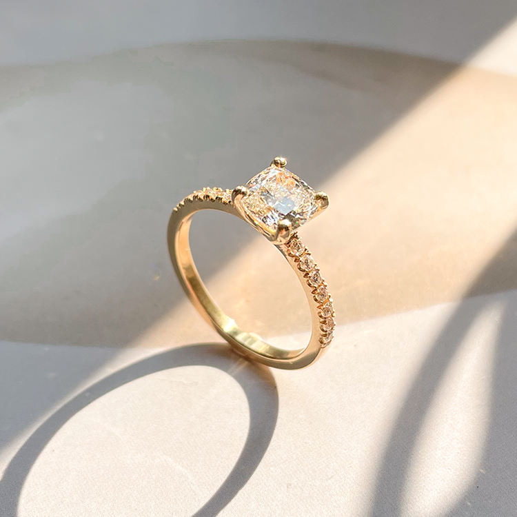 cushion diamond engagement ring with eternity setting made in antwerp