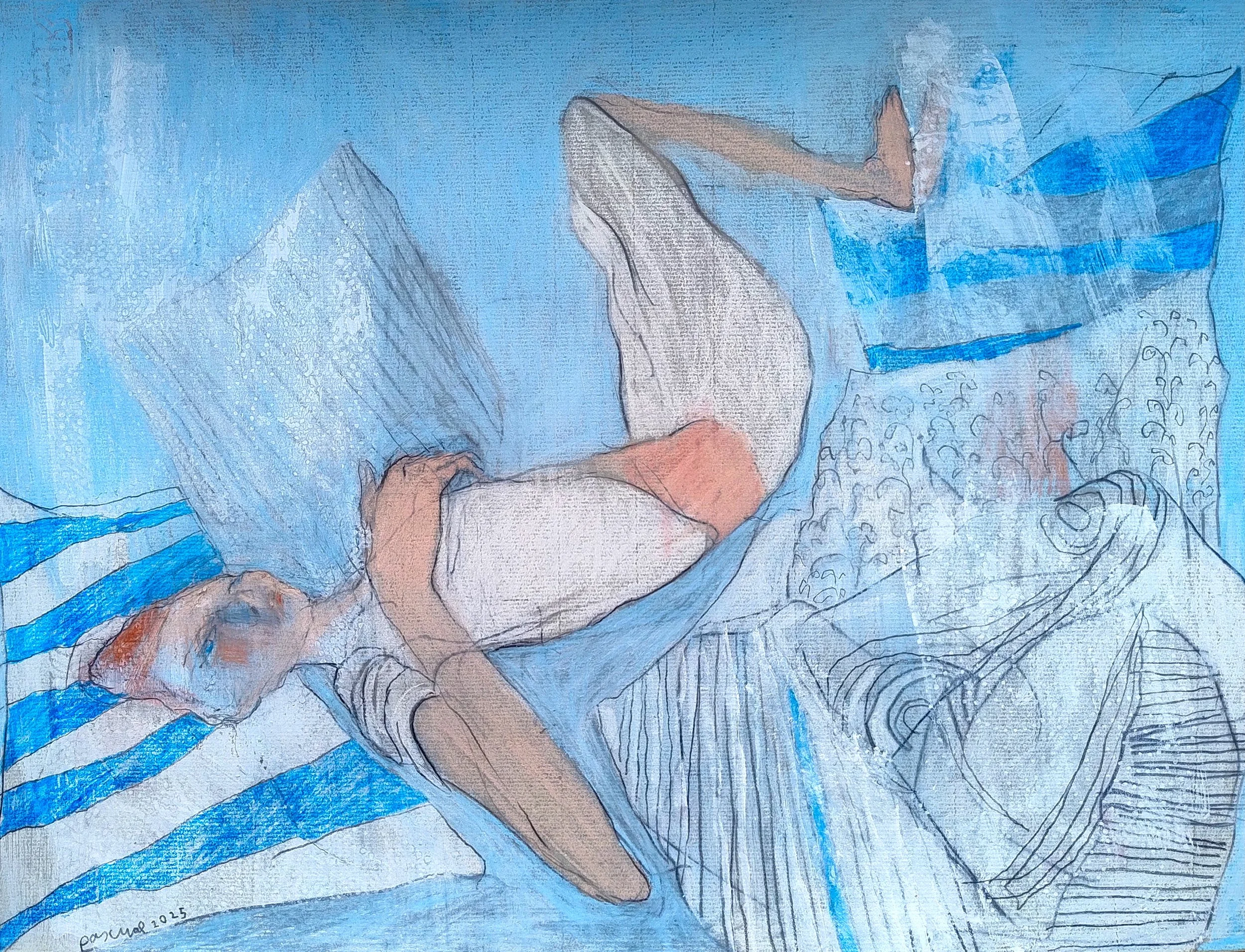 Woman reclining among blue striped pillows and quilts in a domestic interior, coloured pencil and acrylic drawing by Alex Pascual.