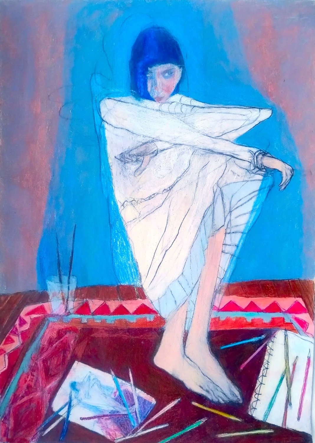 Woman surrounded by coloured pencils and sketchbooks in a contemporary figurative drawing by Alex Pascual.