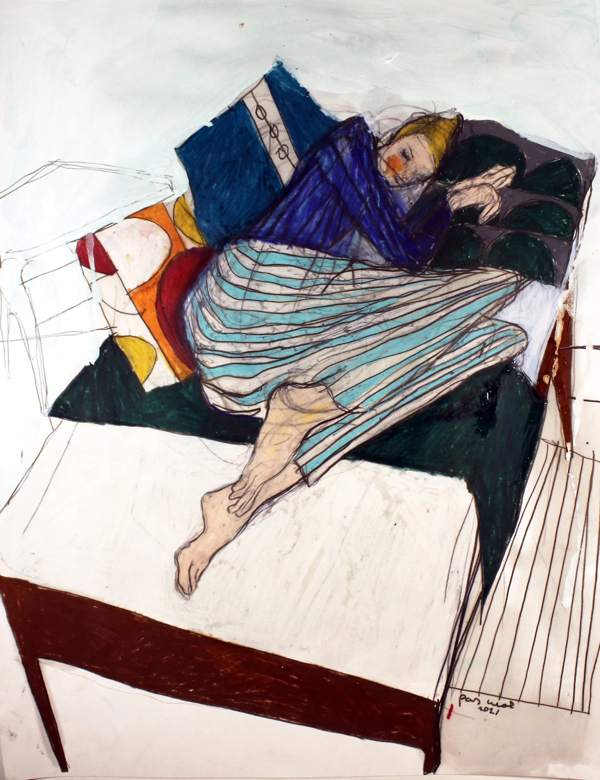 Woman curled up on a bed wearing a blue sweater and striped trousers, coloured pencil and acrylic drawing by Alex Pascual.