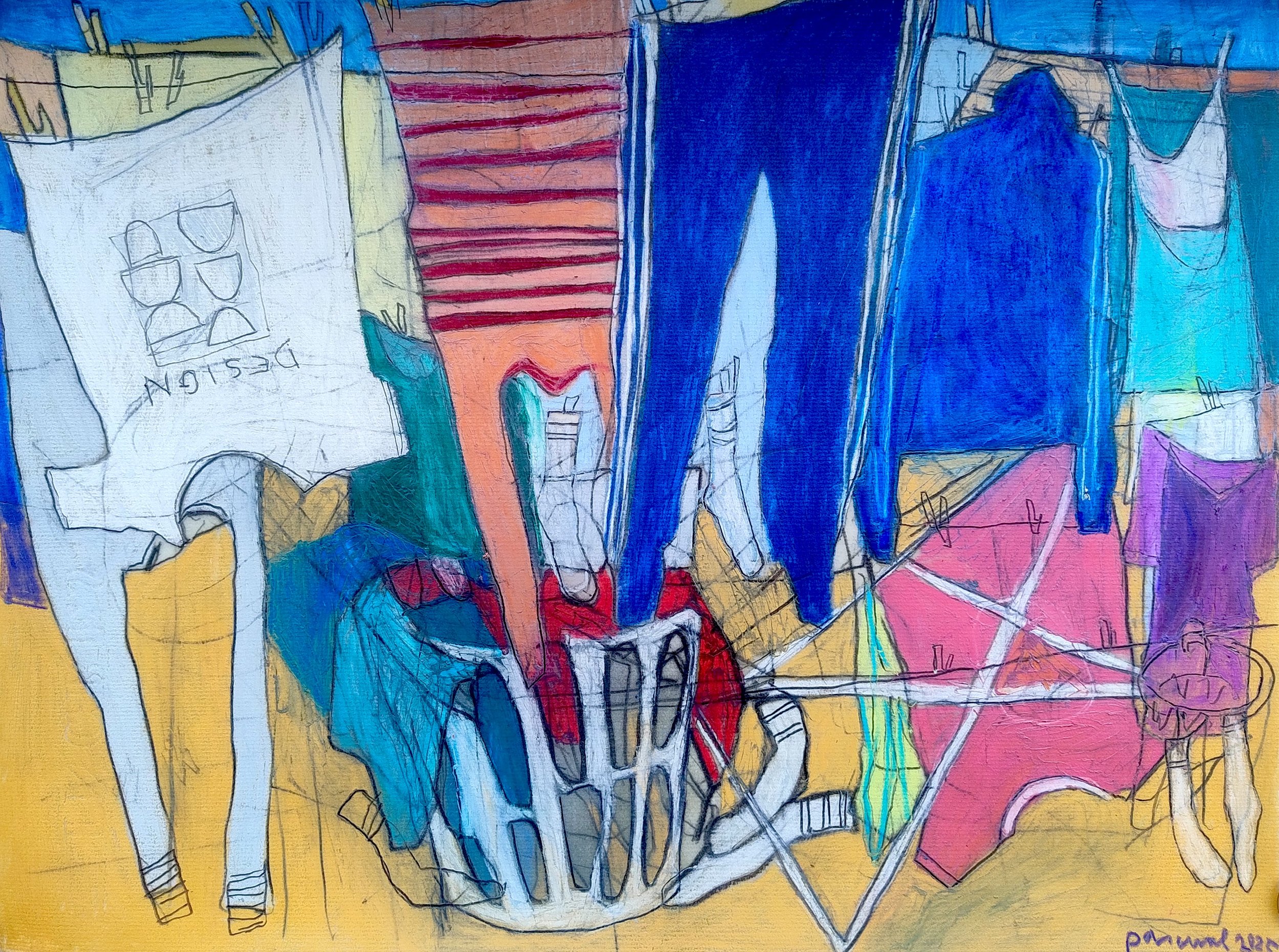 Hanging Clothes in Christianshavn (2025), contemporary coloured pencil drawing by Alex Pascual depicting laundry hanging outdoors in Copenhagen.