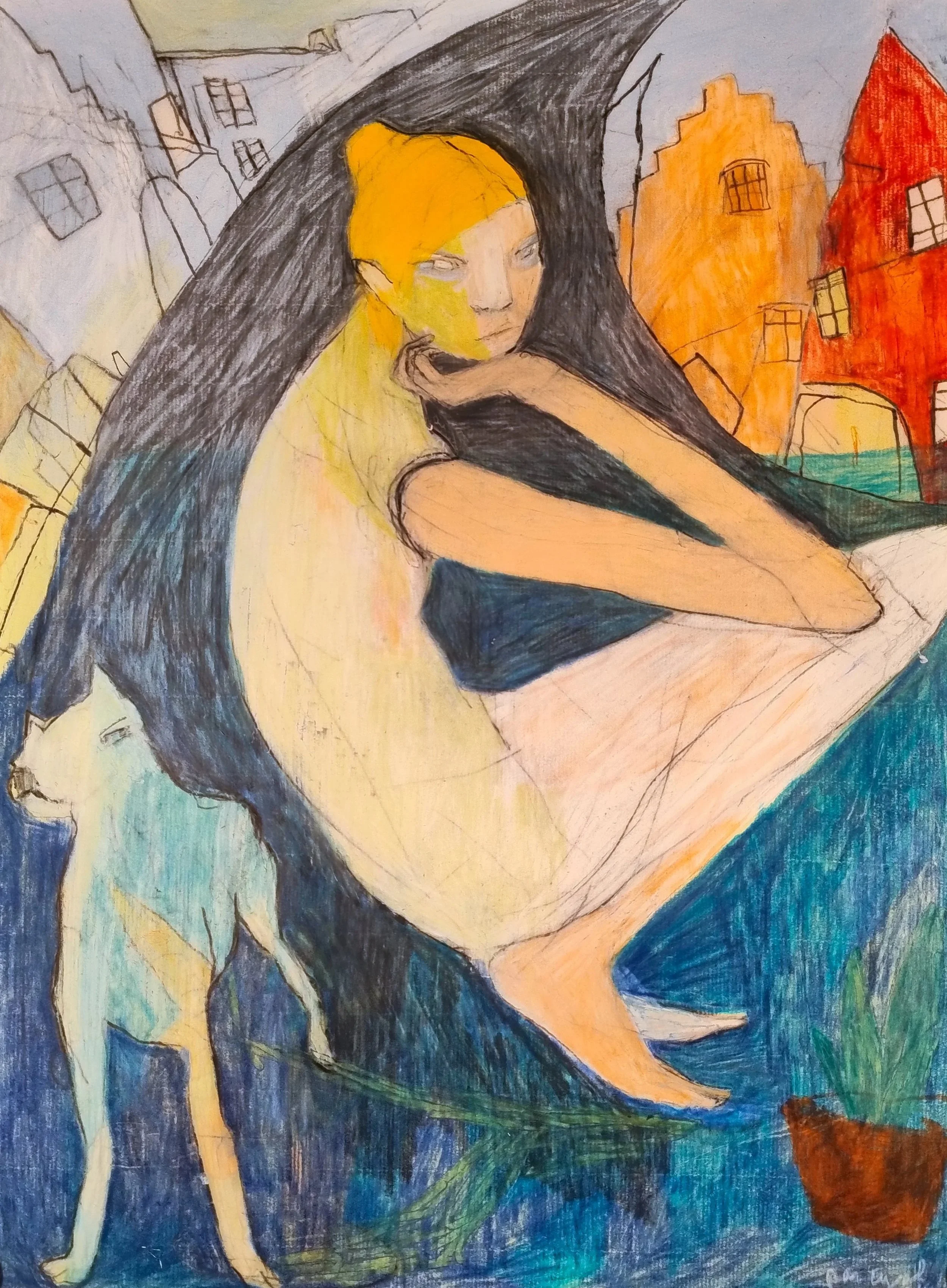 Woman standing with a dog in Magstræde, Copenhagen, in a coloured pencil and acrylic drawing by Alex Pascual.