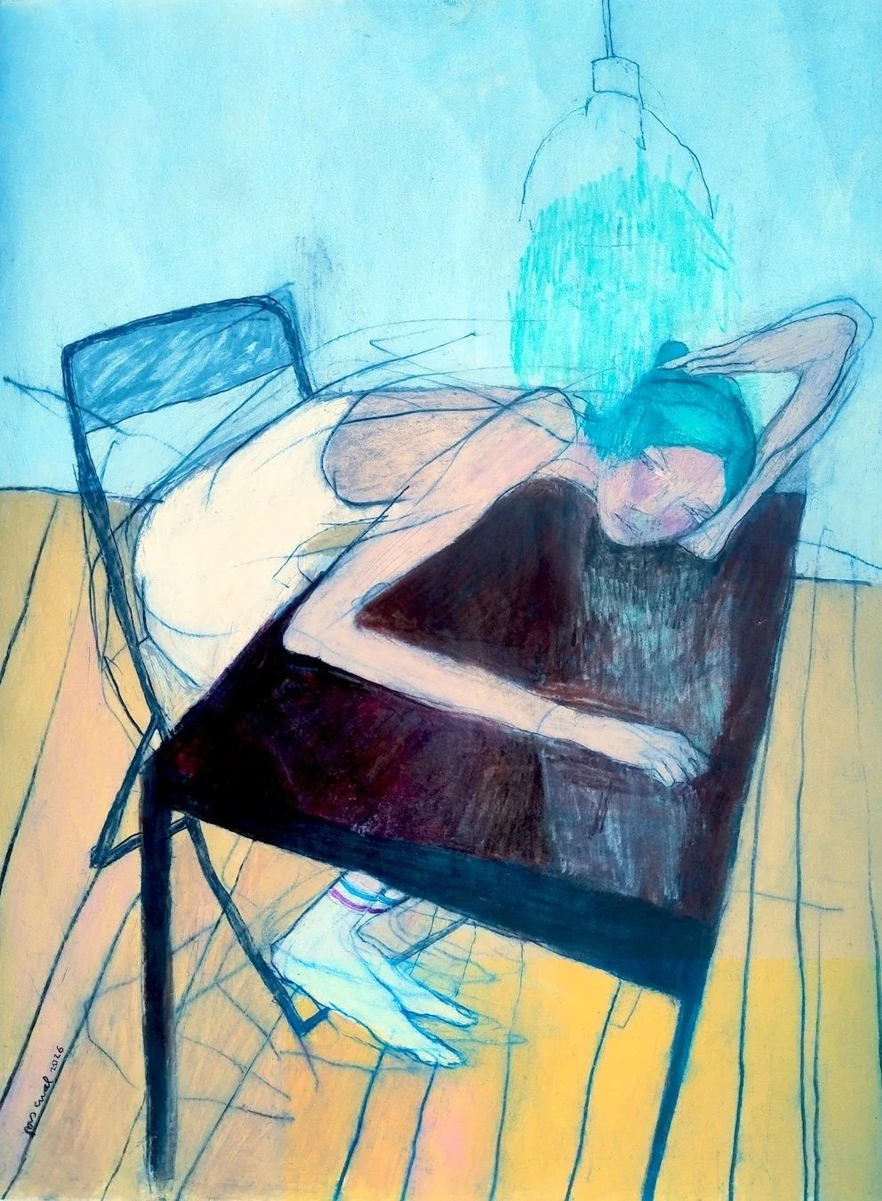 Under the Lamp (2026), contemporary figurative coloured pencil drawing by Alex Pascual depicting a woman resting with her head on a table in a domestic interior.