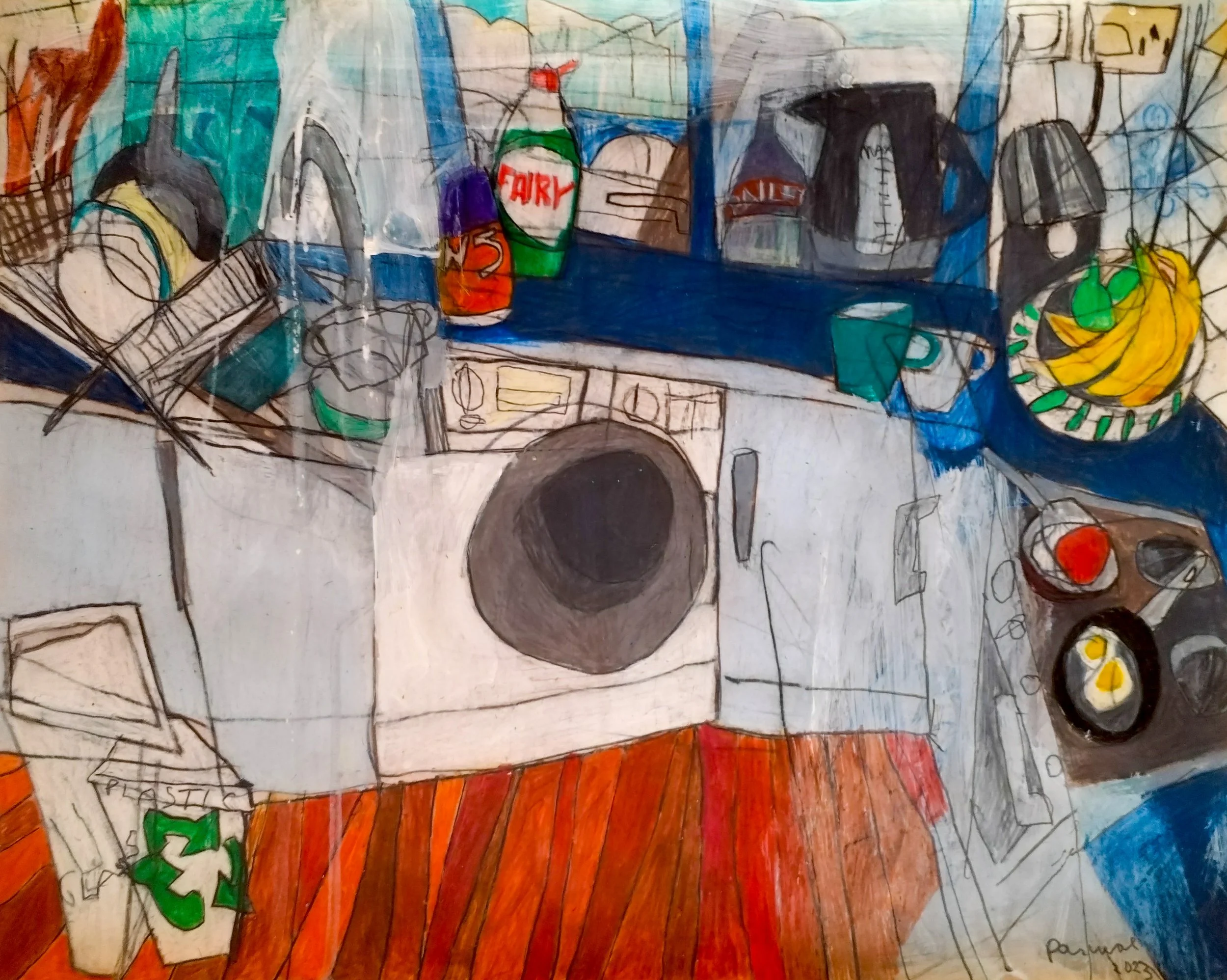 Messy Kitchen in Glasgow (2023), contemporary coloured pencil drawing by Alex Pascual depicting a cluttered domestic kitchen interior.