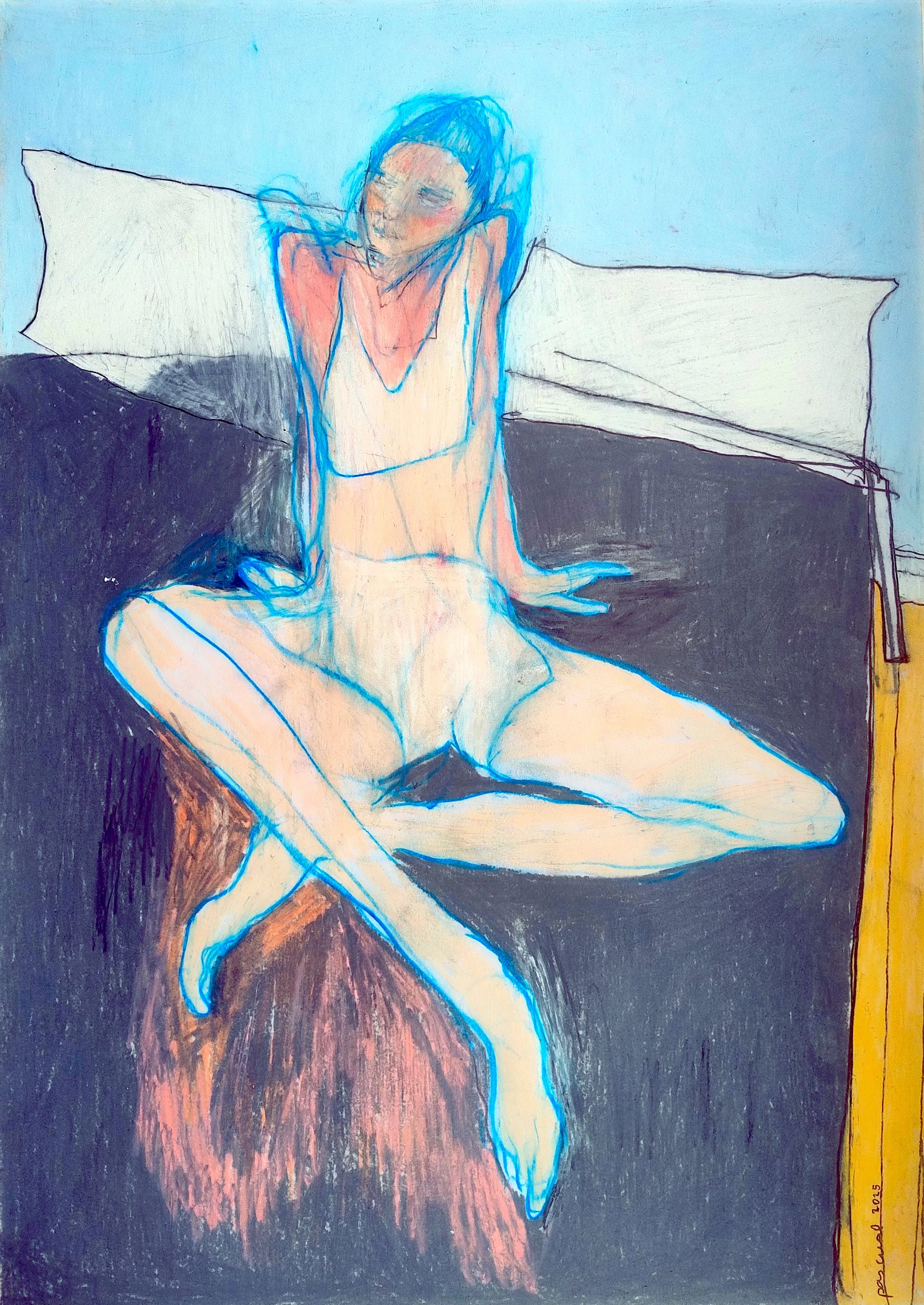 Woman sitting on a bed in a quiet domestic interior, created with coloured pencil and acrylic by Alex Pascual.