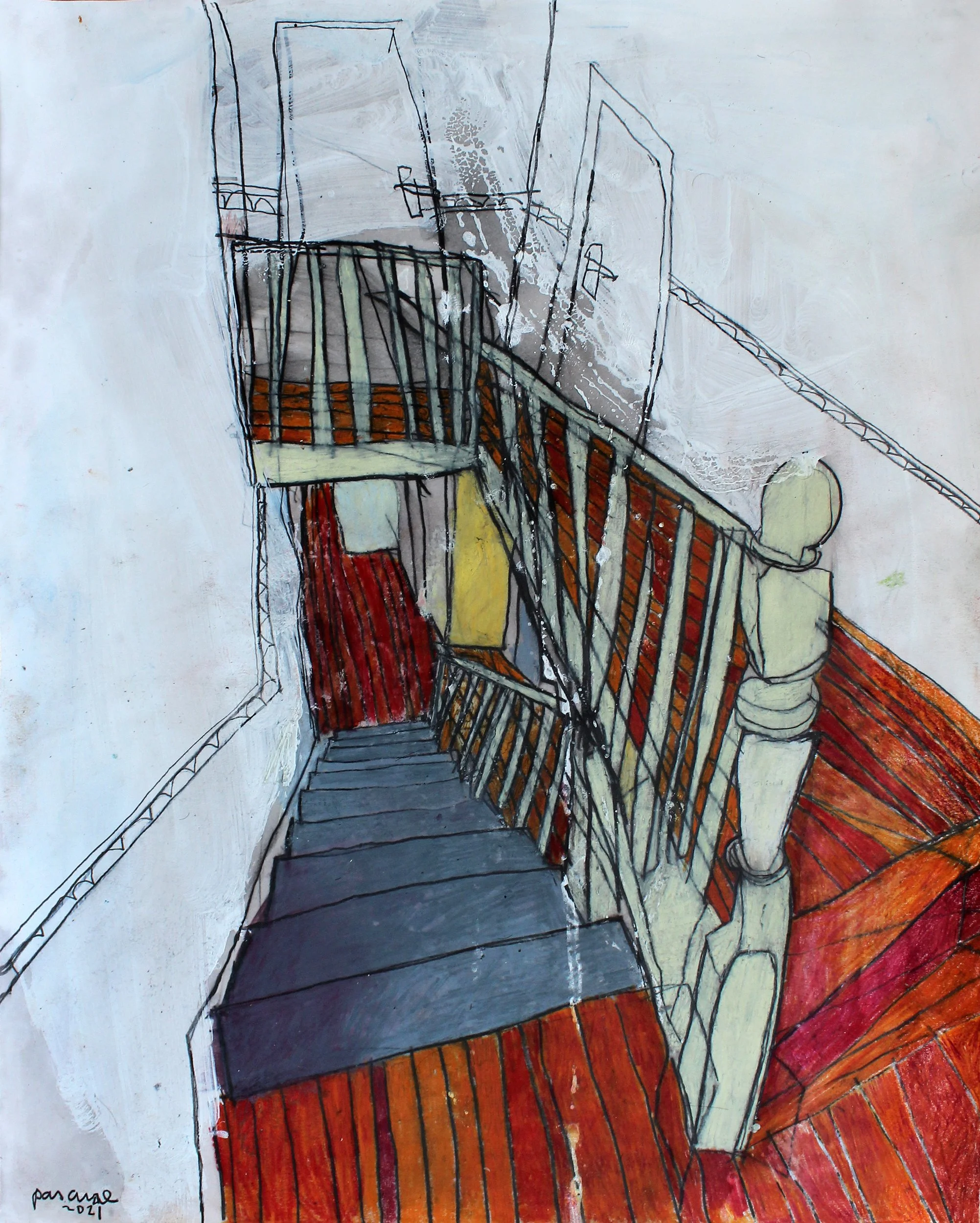 Staircase in North London II (2021), contemporary coloured pencil drawing by Alex Pascual depicting a domestic interior staircase.