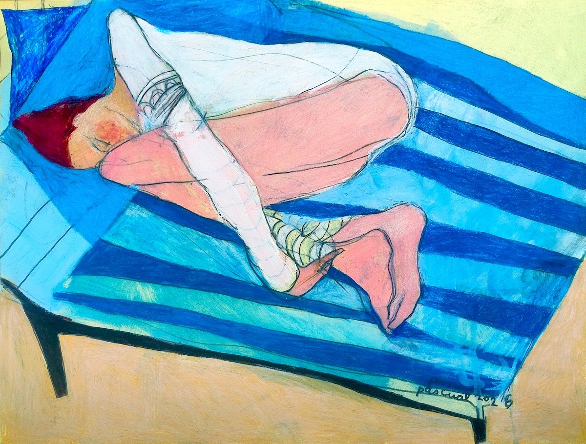 Woman curled on a bed in a contemporary bedroom, with a window overlooking colourful Copenhagen rooftops. Coloured pencil and acrylic drawing by Alex Pascual.