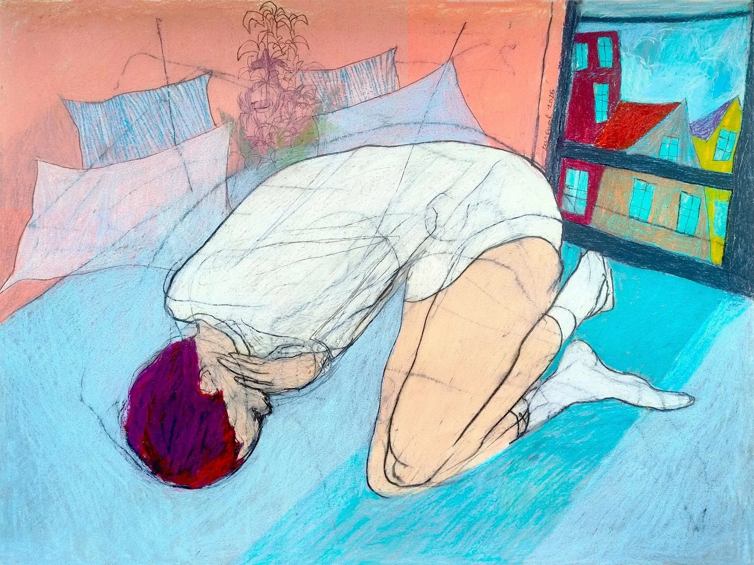Woman kneeling face down on a bed in a Copenhagen apartment, coloured pencil and acrylic drawing by Alex Pascual exploring solitude, memory and domestic interiors.