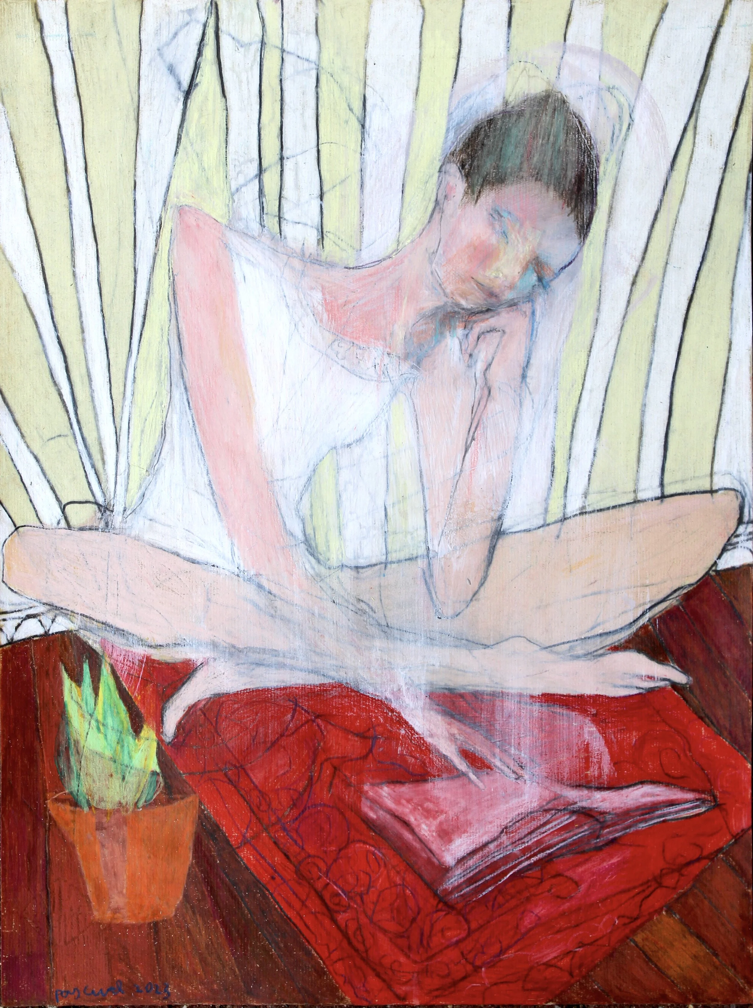 Woman sitting cross-legged on a red rug reading a book beside a potted plant, coloured pencil and acrylic drawing by Alex Pascual.