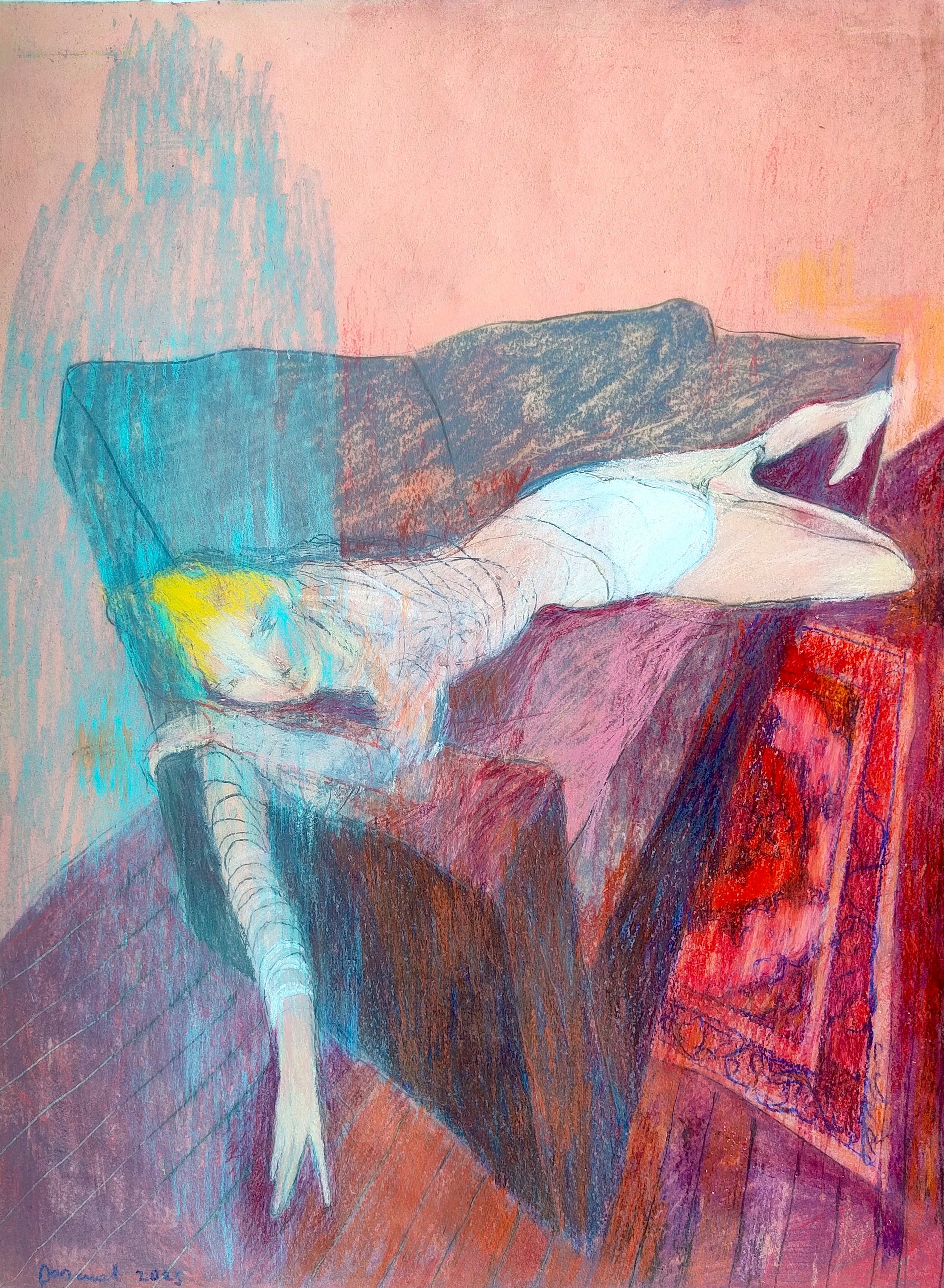 Woman reclining across a sofa in a contemporary domestic interior, created with coloured pencil and acrylic by Alex Pascual.