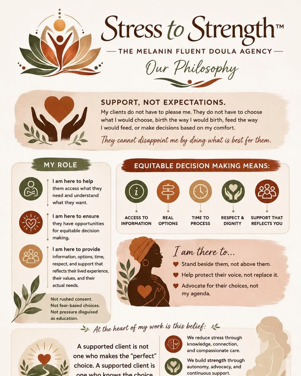 Reintroducing the heart behind my work. 🌿

At The Melanin Fluent Doula Agency, my philosophy is simple: my clients do not have to please me, perform for me, or make decisions based on what I would choose.

You cannot disappoint me by doing what is b
