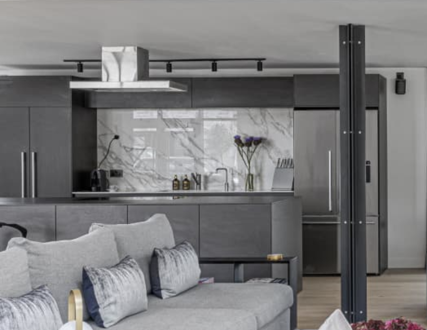 Grey Kitchen with gerysofa, industrial strut, modern kitchen designed by architect