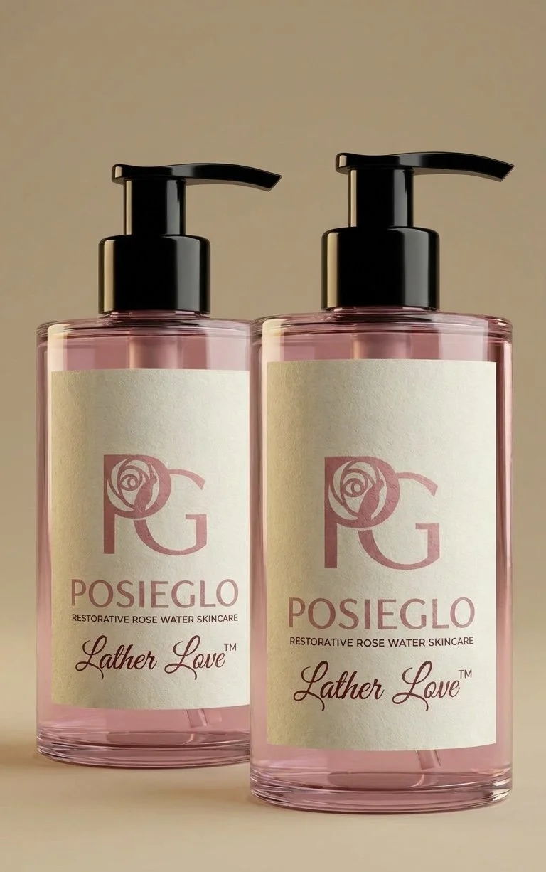 POSIEGLO Lather Love hydrating rose water gel cleanser in frosted pump bottle