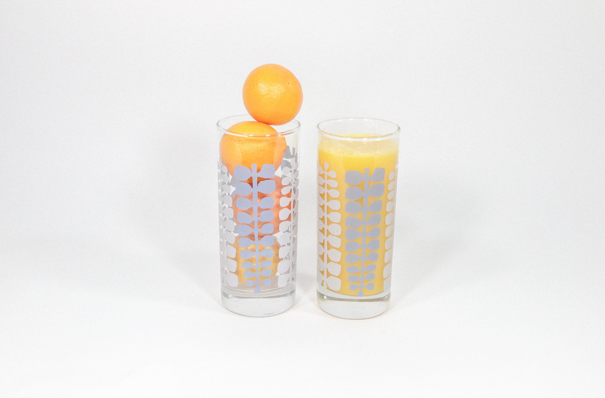 Set (2) of drinking glasses with blue and white flora graphic pattern.