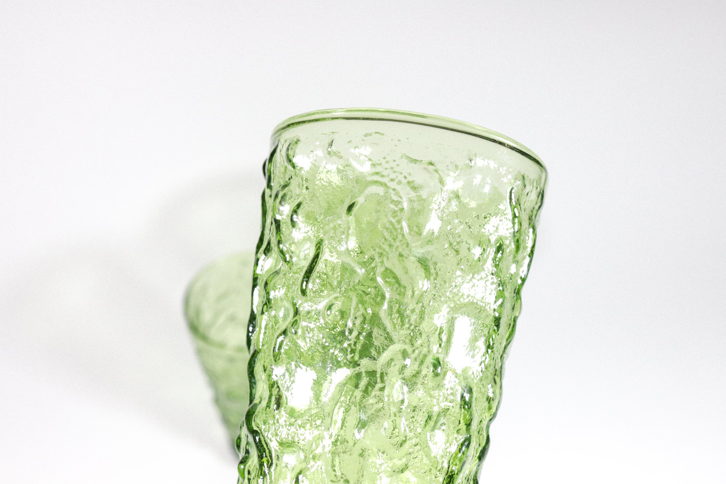 Set (3) of vintage Morgantown green crinkle drinking glasses. Holds approximately 12 fluid ounces.