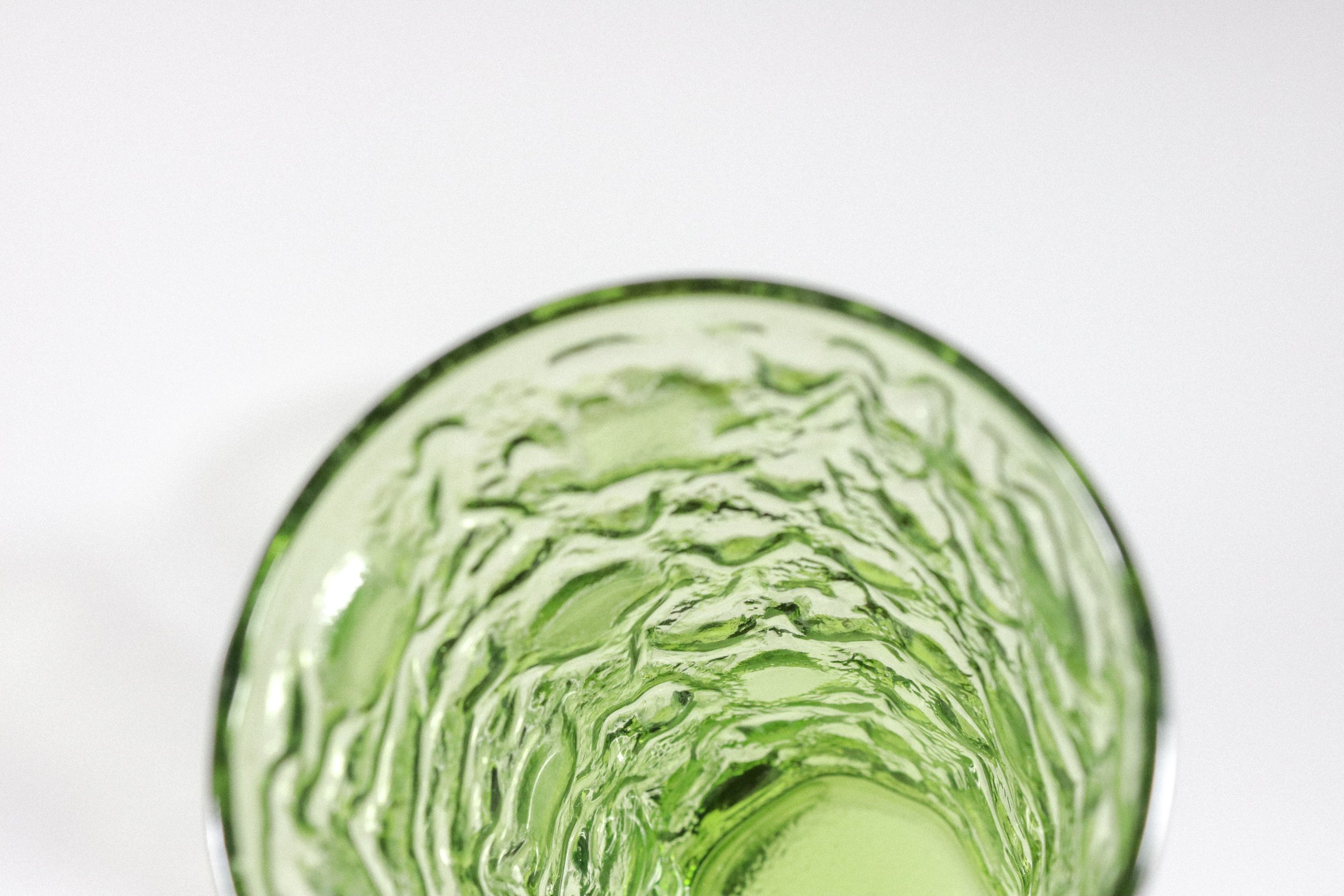 Set (3) of vintage Morgantown green crinkle drinking glasses. Holds approximately 12 fluid ounces.