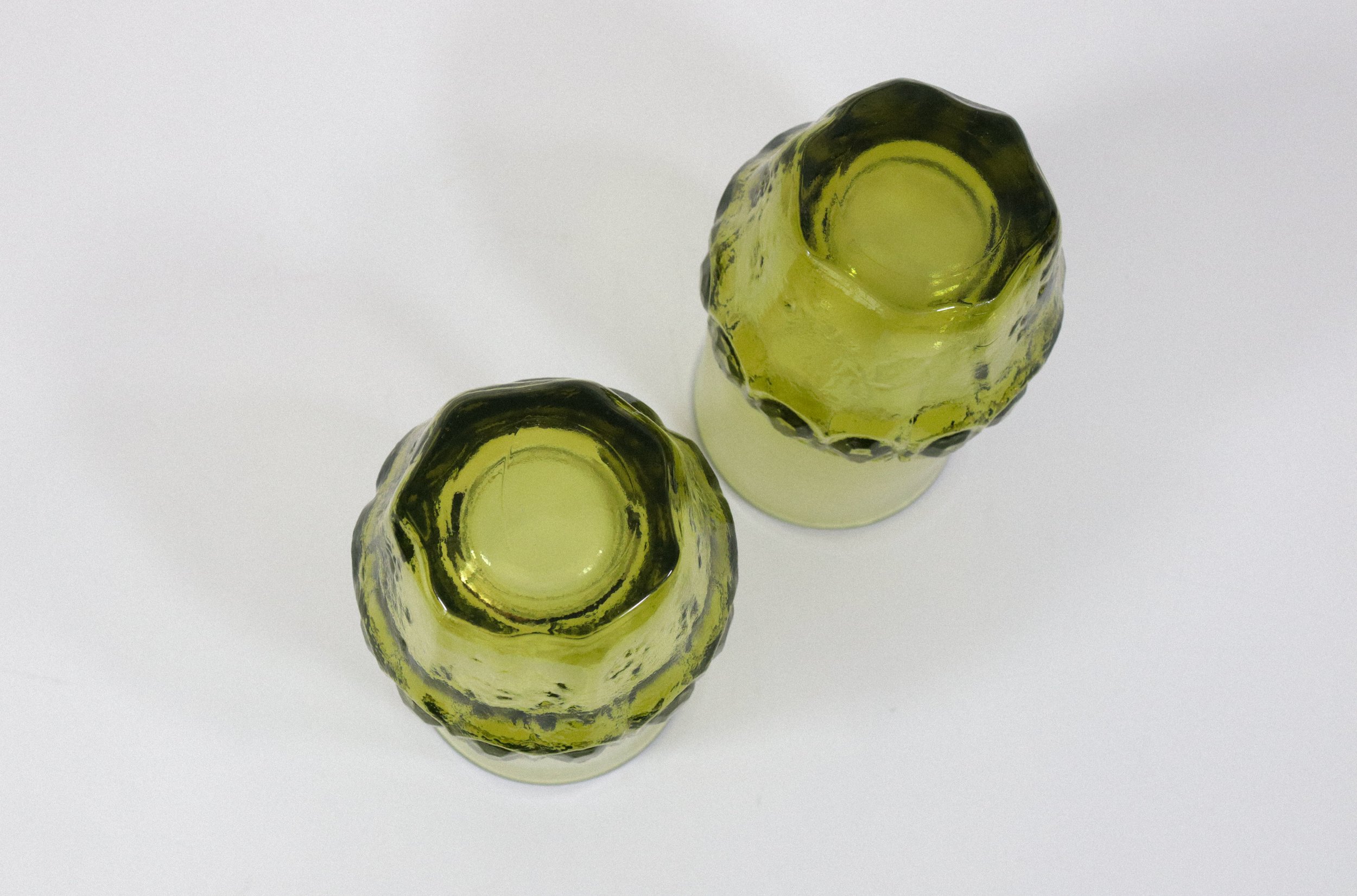 Set (2) of vintage, circa 1970s, Tiffin Franciscan Madeira heavy tumbler glasses in olive green.