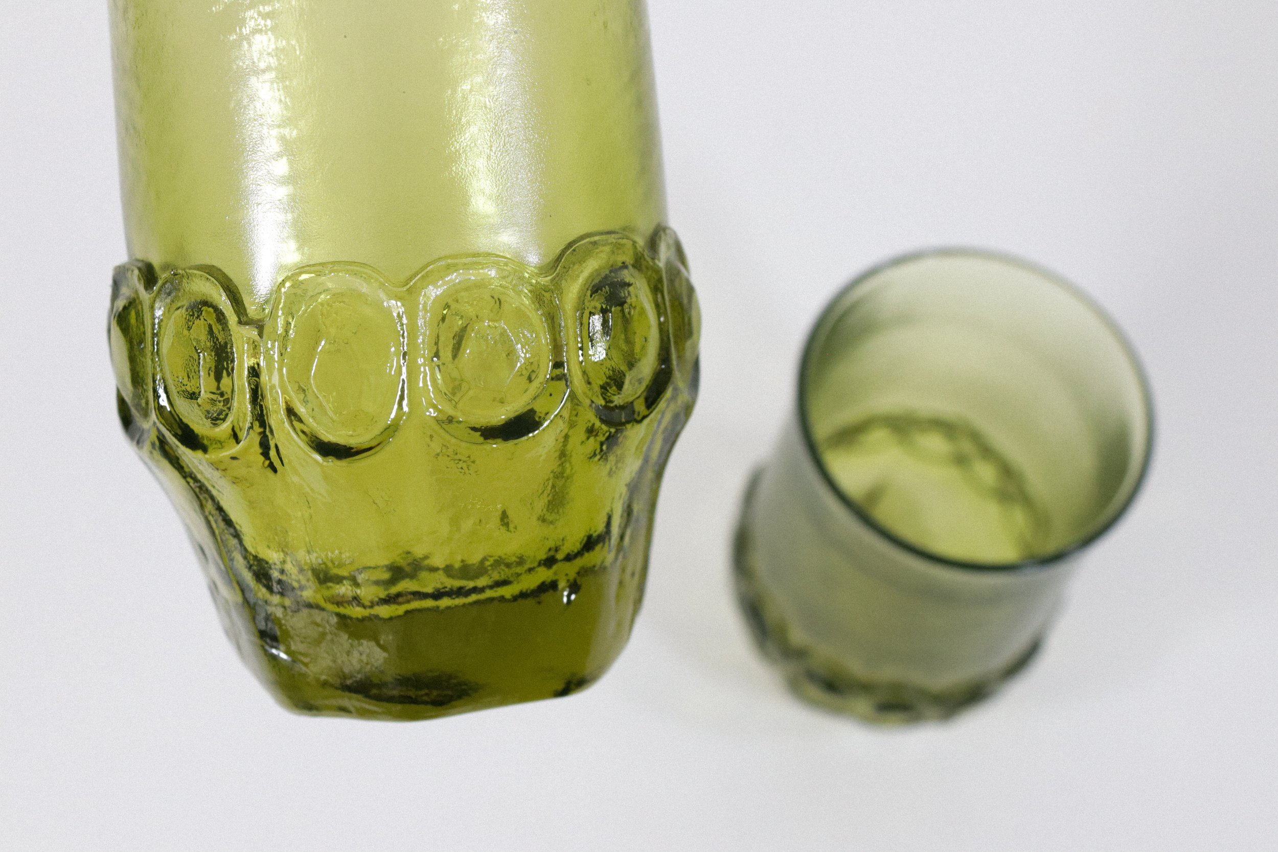Set (2) of vintage, circa 1970s, Tiffin Franciscan Madeira heavy tumbler glasses in olive green.