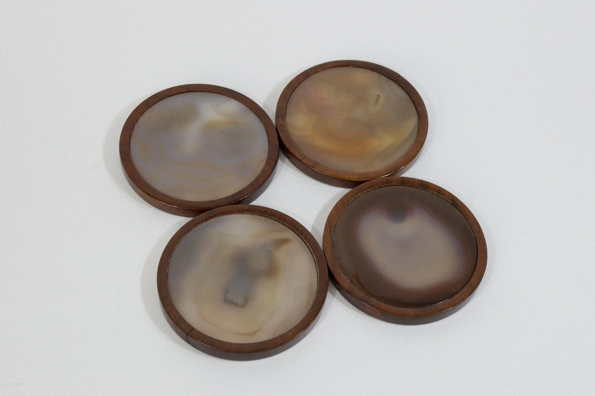 Vintage agate stone and wood coaster set.