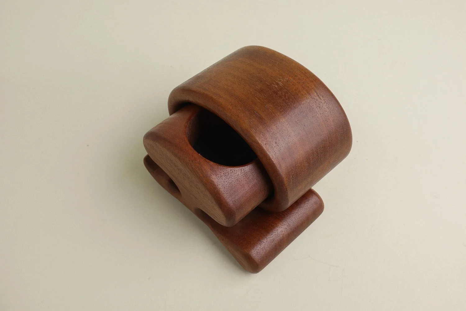Vintage 1970s handmade walnut puzzle trinket box, likely created by artist Richard Rothbard.
