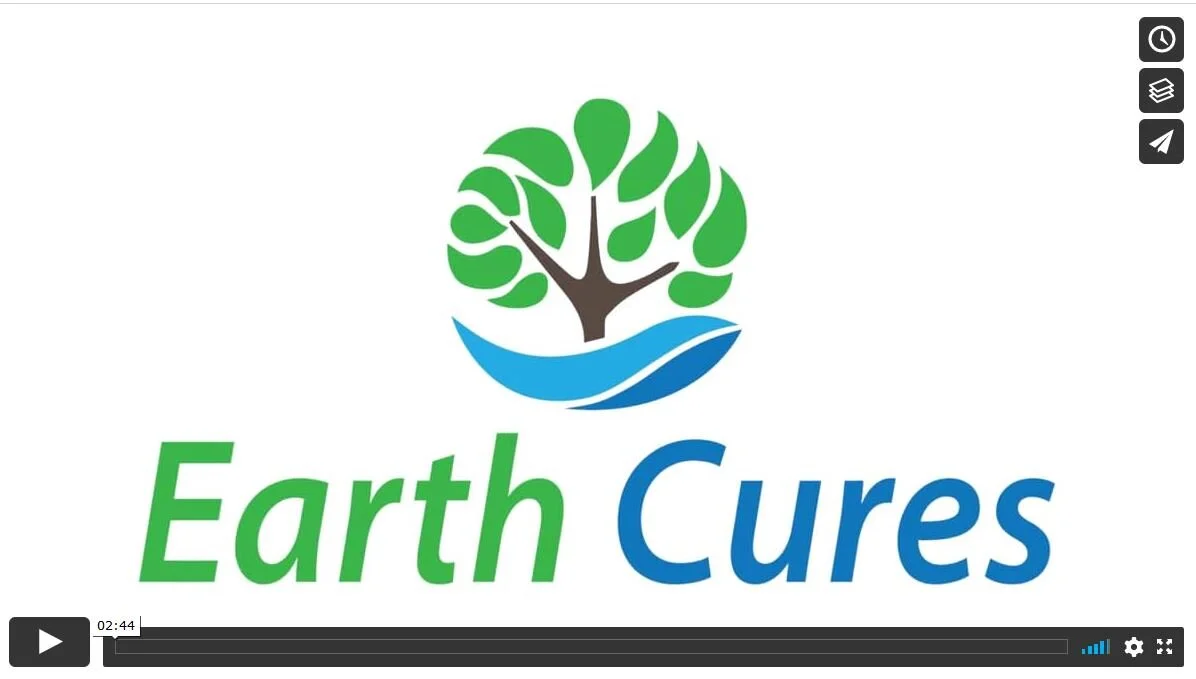 Logo of Earth Cures featuring a tree with green leaves and a brown trunk above blue water, with the text "Earth Cures" in green and blue.