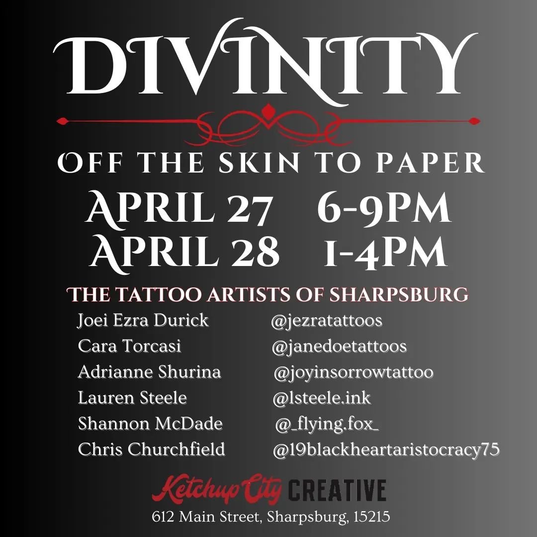 Tattoo artists are known for what they create on the skin, but what do they create when they have their own time? 

Come and see DIVINITY and experience the office can work of the tattoo artists of Sharpsburg.

Come meet these amazing humans!!