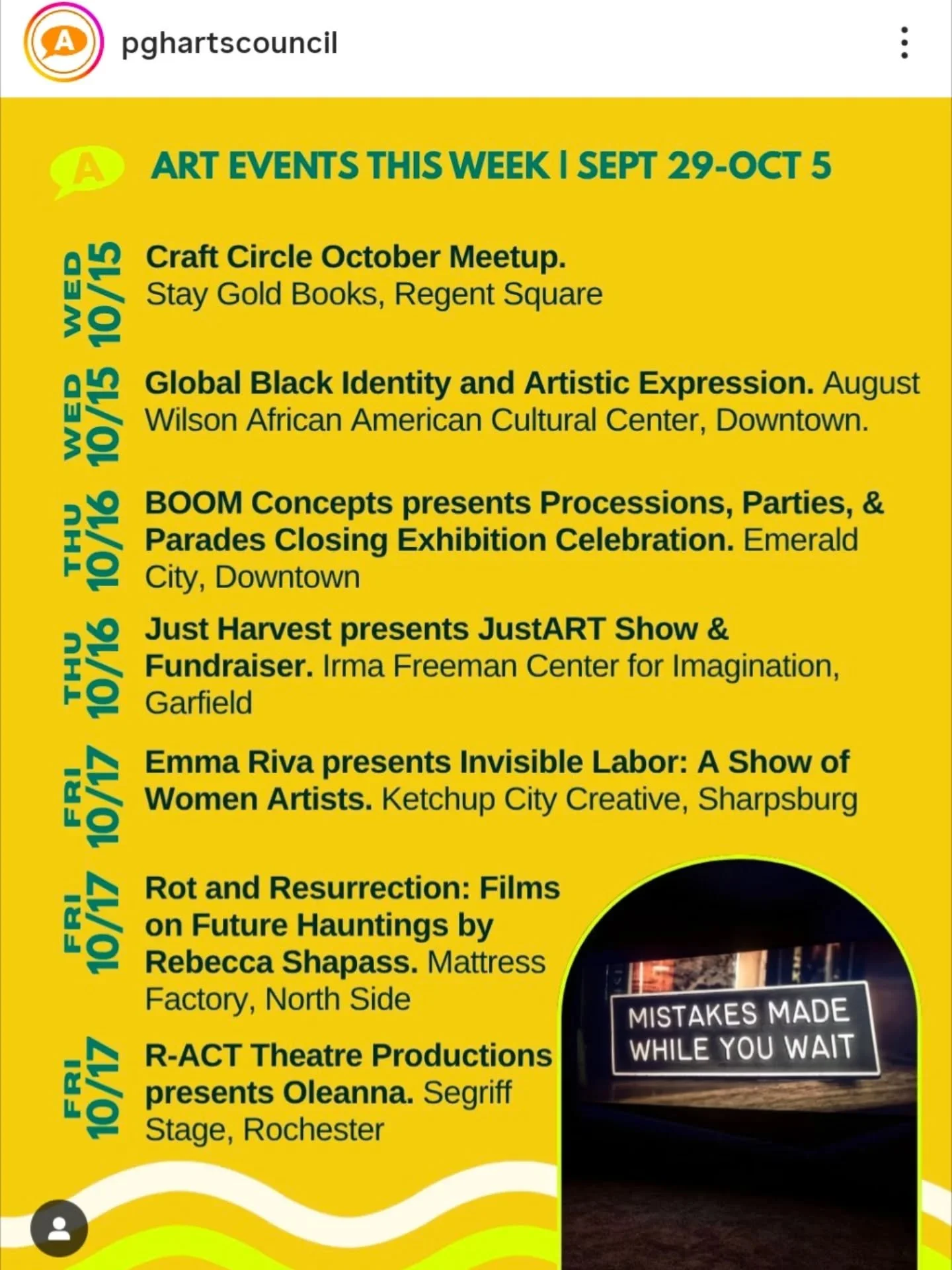 pghartscouncil THIS WEEK IN PITTSBURGH: Find something to do every day this week with our list of arts &amp; culture events, including art exhibits, concerts, performances, films, literary events, and more!
Swipe through some of the highlights, then 