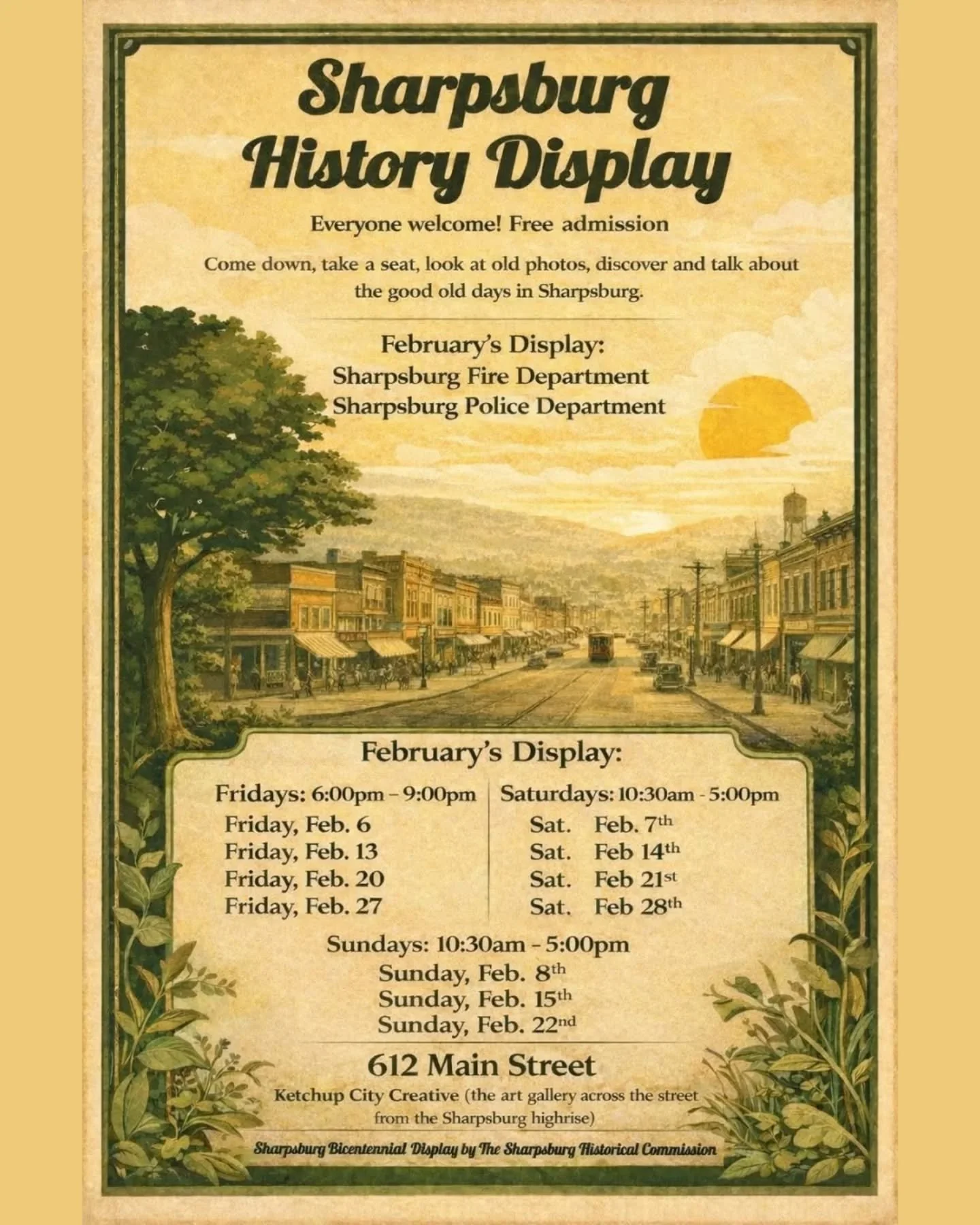 Sharpsburg History Display!!

Everyone welcome! Free admission!

Come down, take a seat, look at old photos, discover and talk about the good old days in Sharpsburg.

February's Display:
Sharpsburg Fire Department
Sharpsburg Police Department

Friday