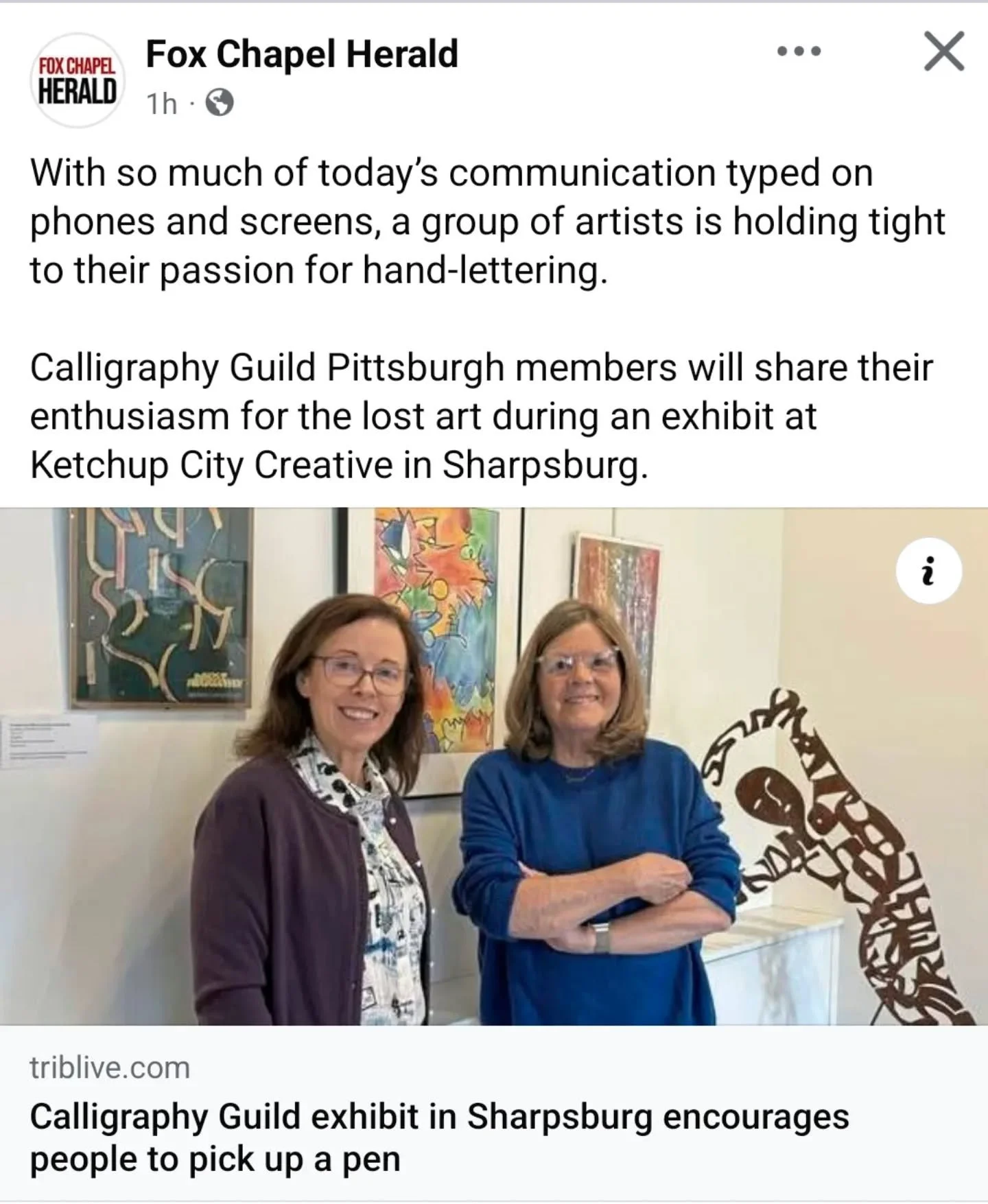 The @calligraphypittsburgh is going to have a show! Check out ketchupcity.com and the calendar for more information!

https://triblive.com/local/valley-news-dispatch/calligraphy-guild-exhibit-in-sharpsburg-encourages-people-to-pick-up-a-pen