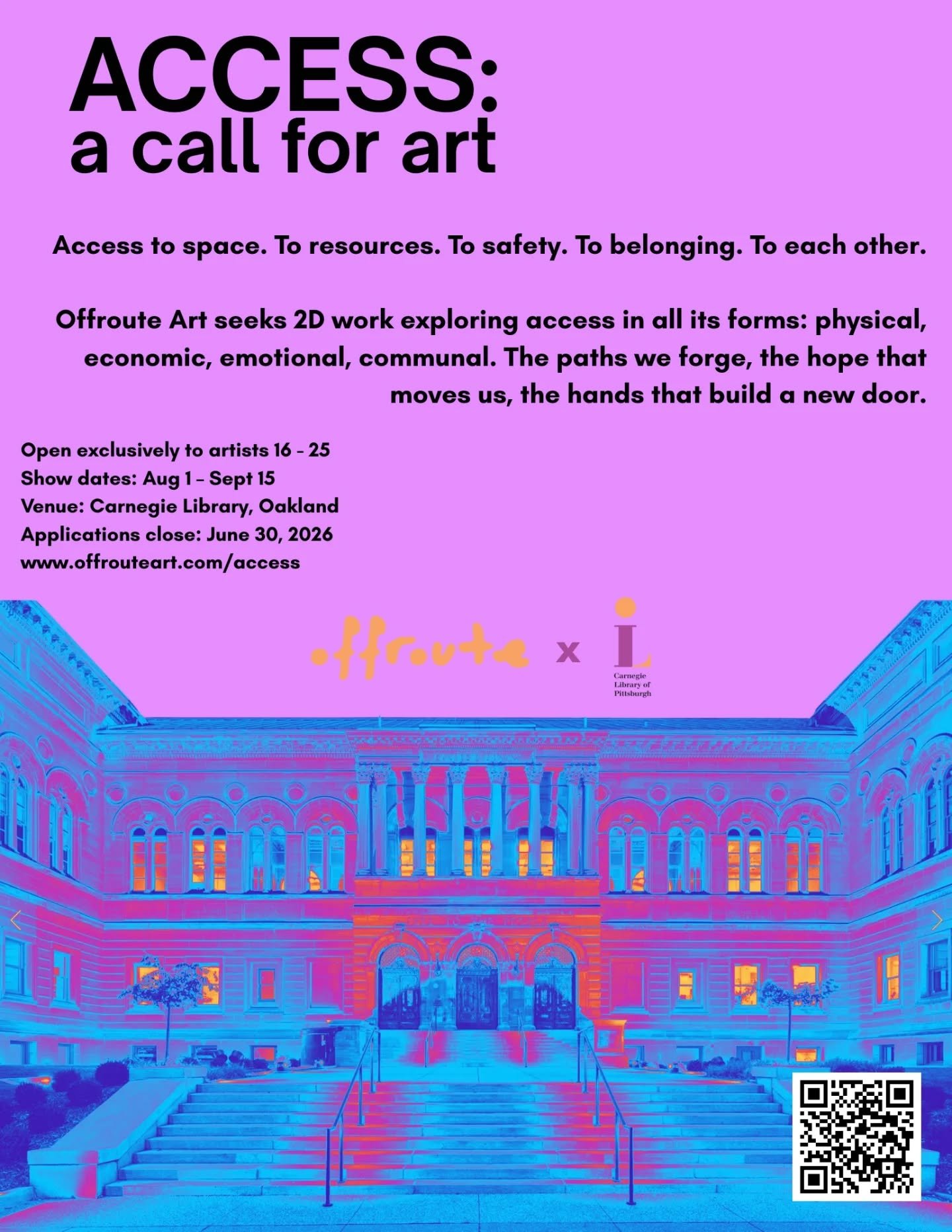 Our good friends at @offrouteart have a call for art for 16-25 year olds.

Access to space. To resources. To safety. To belonging. To each other. Offroute Art seeks 2D work exploring access in all its forms: physical, economic, emotional, communal. T