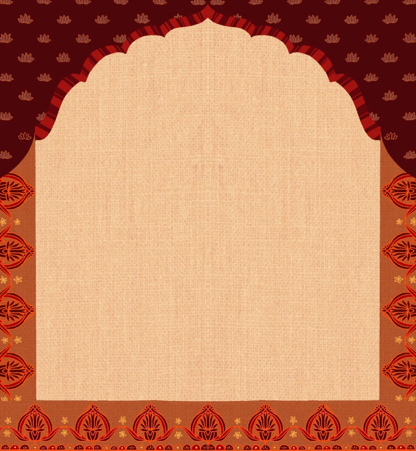 Decorative certificate or invitation background with ornate border featuring red and gold patterns, and a blank central area for text.
